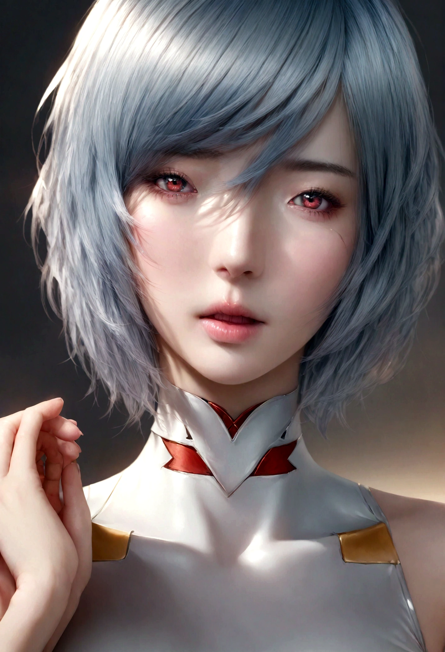 Anime Real,Soft Light, masterpiece, 最high quality,high quality,Delicate face, Realistic,photoRealistic,One girl,
ayanami rei,White bodysuit,Red eyes,Pilot Suit,short hair,Blue Hair,bangs,Interface Headset,turtleneck,Hair between the eyes