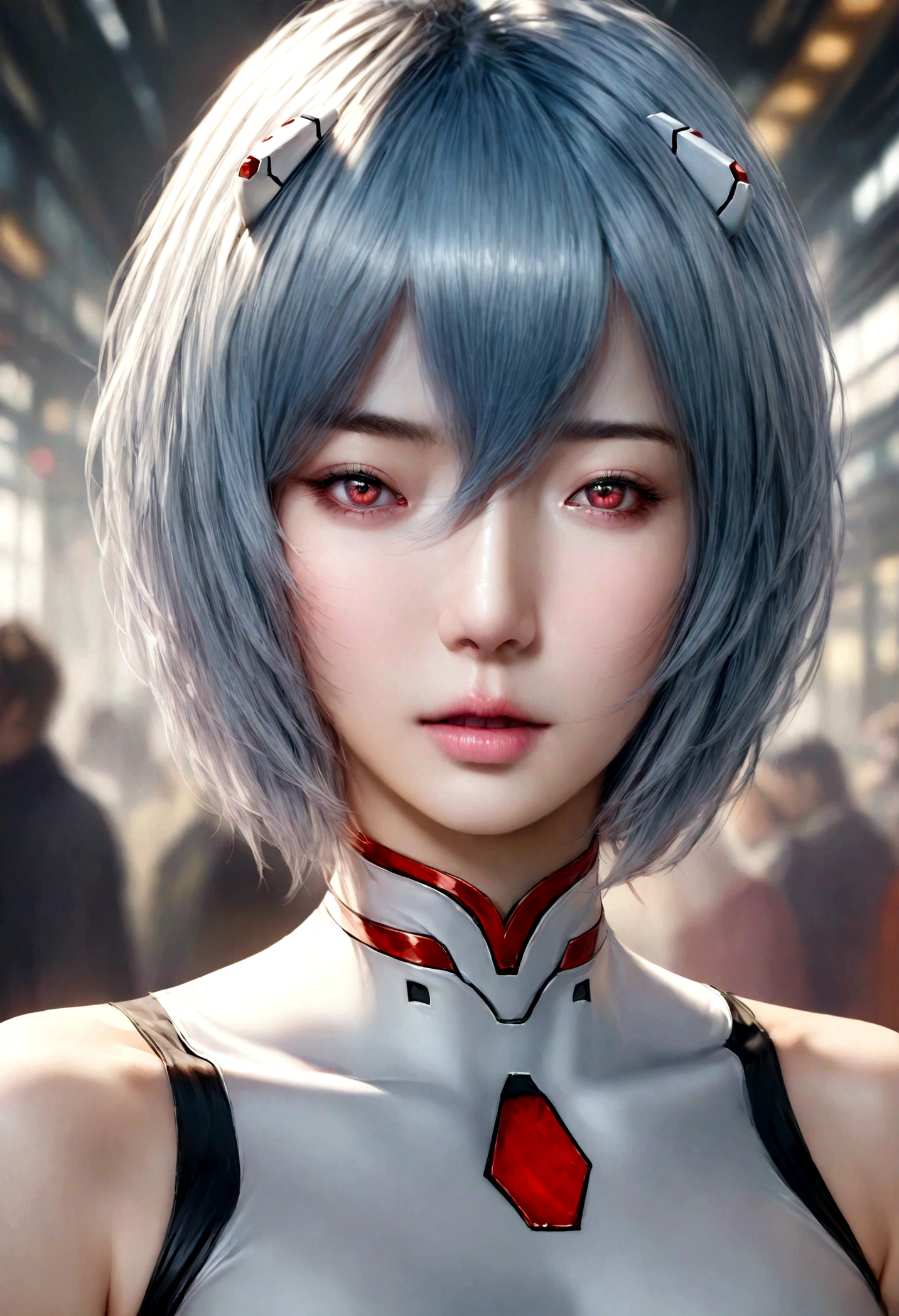 Anime Real,Soft Light, masterpiece, 最high quality,high quality,Delicate face, Realistic,photoRealistic,One girl,
ayanami rei,White bodysuit,Red eyes,Pilot Suit,short hair,Blue Hair,bangs,Interface Headset,turtleneck,Hair between the eyes