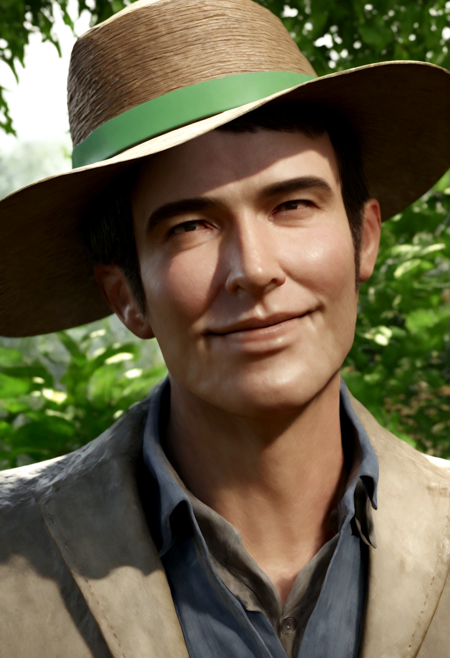 caricature of a male doctor's face, handsome and friendly, garden background, wearing a farmer's hat that says "Livestock Farming Clinic", smiling while showing plants, 3d, realistic, 4K