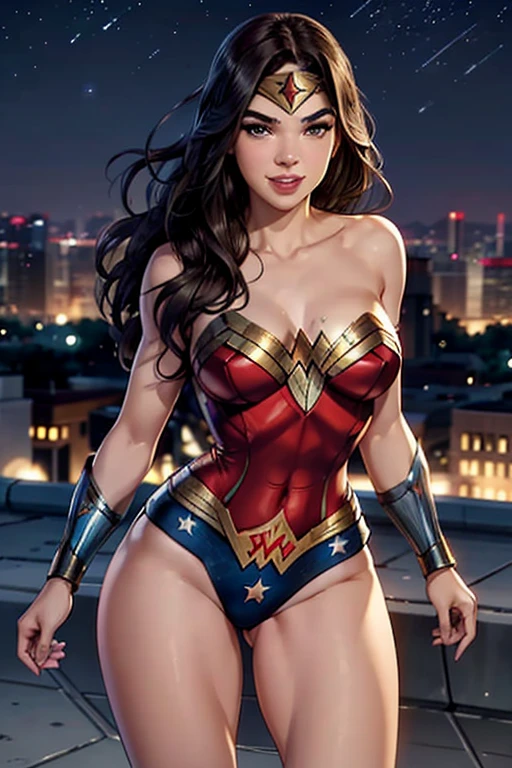 Natural Beauty, Masterpiece, Hailee Steinfeld, Perfectly Accurate Face Proportion, Thick Eyebrows, Wonder Woman, Wonder Woman Tiara, Big Breast, Curve Wide Hips, Toned Thighs, Toned Arms, on a rooftop looking over the night city, Grin On Her Face, Realistic Art Style