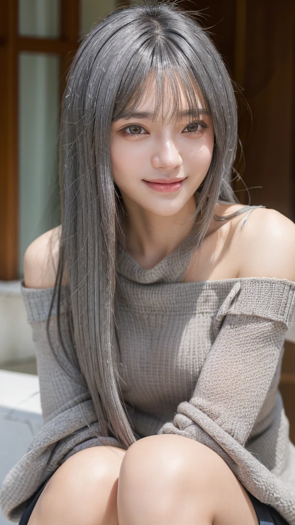(Masseter muscle area:1.3)、(8k、Photorealistic、Raw photo、highest quality: 1.4)、(One Girl)、Beautiful Face、(A vivid face)、(Gray Hair:1.5)、(Medium Hair)、Beautiful Hairstyles、(One eye is hidden by bangs:1.5)、Realistic eyes、Beautiful details、(Realistic Skin)、Beautiful skins、(Black sweater)、Absurd、attractive、Embarrassing、超A high resolution、Surreal、High definition、Golden Ratio Face close-up smile