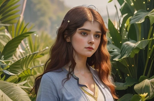 Pre-Raphaelite scene with Alexandra Daddario, ((((self improvement, good habits, Good luck, happiness)))), ((((2020s casual wear)))) ((2020s hairstyle)), ((("MISS" cinematography)))