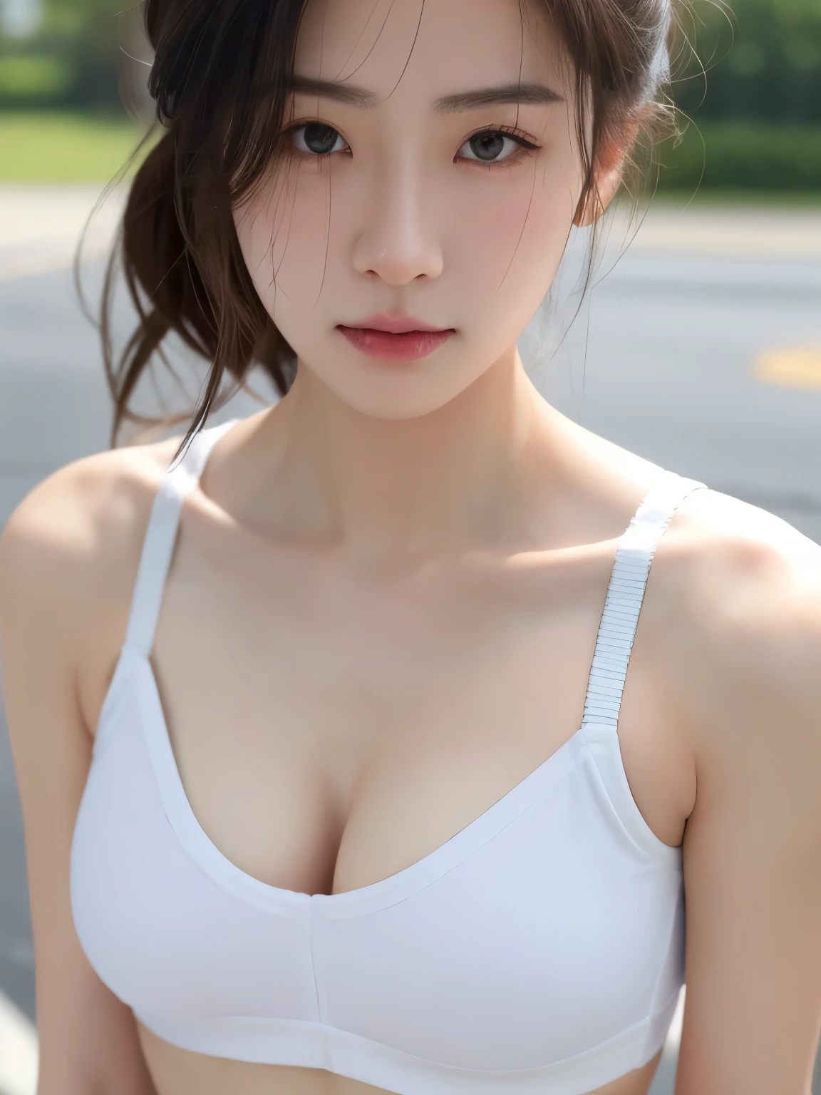 Chinese woman in a white sports bra top standing on a sidewalk, sweaty 4 k, gold bra, very sweaty, sweaty skin!!, sport bra and shirt, wearing bra, sport bra, sweaty and dirty, training bra, upper body close up, sports bra, wearing crop top, dirty and sweaty, bralette, sweaty abs, her face flushing and sweat
