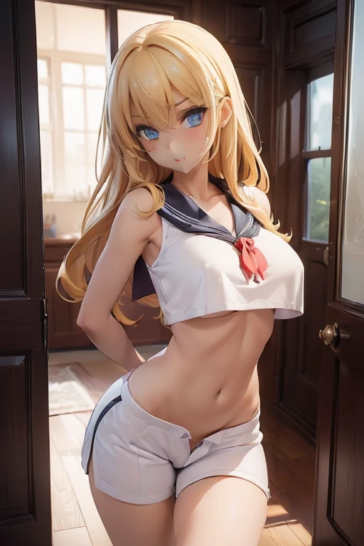 ((((1girl in)))),((Best quality, 8K, Masterpiece,photorealistic: 1.3)), (ideal ratio body proportions:1.7),(Sharp: 1.3),( Perfect body skinny beauty: 1.4), (Slim abs: 1.3),(thigh gap:0.0), (clothed sailor school outfit: 1.6),(under boobs: 1.7), (coverd nipples:0.9),((Layered Hair Style,blonde hair)),(sagging breasts:1.2) ,(bath room,open door: 1.4), (dynamic gravure pose:1.6),(Highly detailed sexy cute face and skin texture:1.5),super model body, (Detailed beautiful eyes:1.5),(from side:1.1),( Looking at the camera:1.4),(orgasm,ahegao:0.0),(dark skin:1.1),(from above:-0.0),(looking at camera:1.5),(face focus:1.5),(kneeling:0.0),