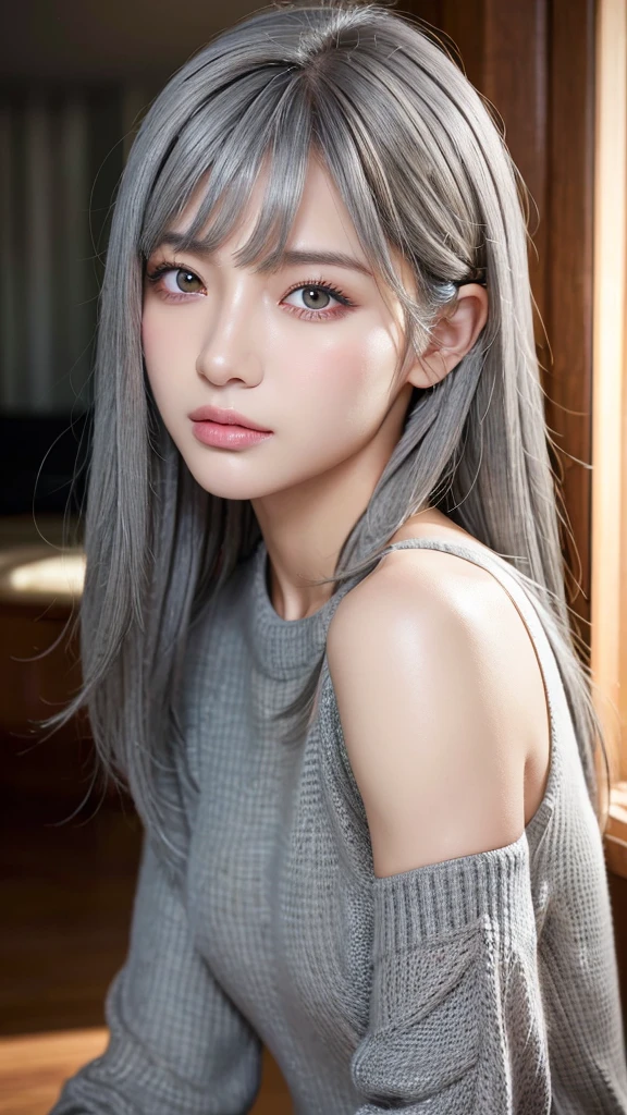 (Masseter muscle area:1.3)、(8k、Photorealistic、Raw photo、highest quality: 1.4)、(One Girl)、Beautiful Face、(A vivid face)、(Gray Hair:1.5)、(Medium Hair)、Beautiful Hairstyles、(One eye is hidden by bangs:1.5)、Realistic eyes、Beautiful details、(Realistic Skin)、Beautiful skins、(Black sweater)、Absurd、attractive、Embarrassing、超A high resolution、Surreal、High definition、Golden Ratio