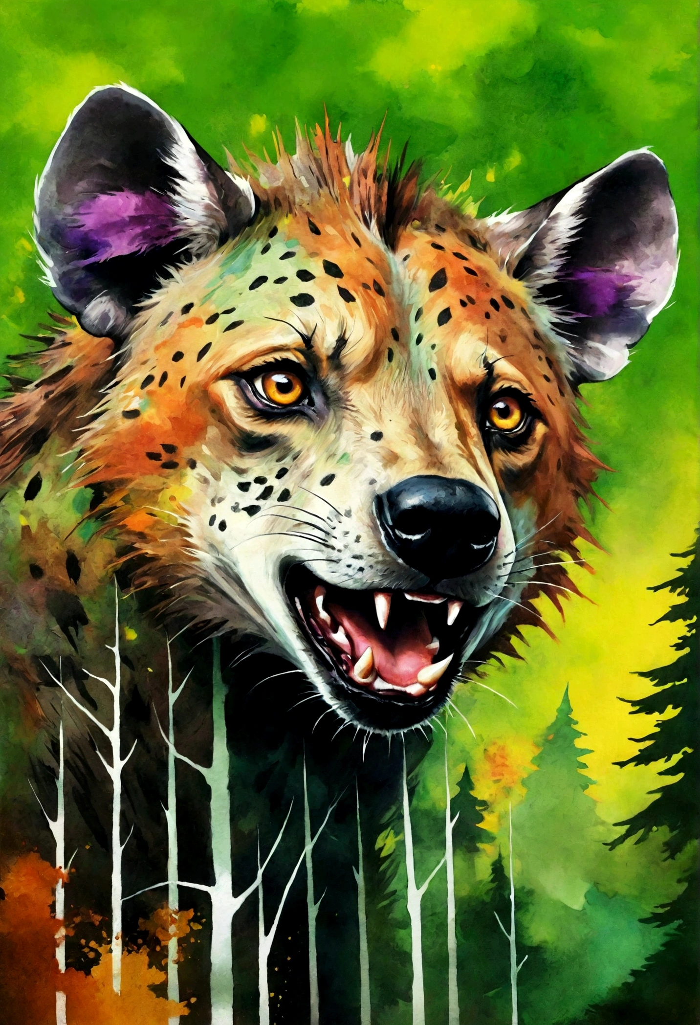 Envious hyena, bave d'envie, posture agressive combattive, regard envieux jaloux, green forest background ::2 colorful ink painting ::2 art fantasy