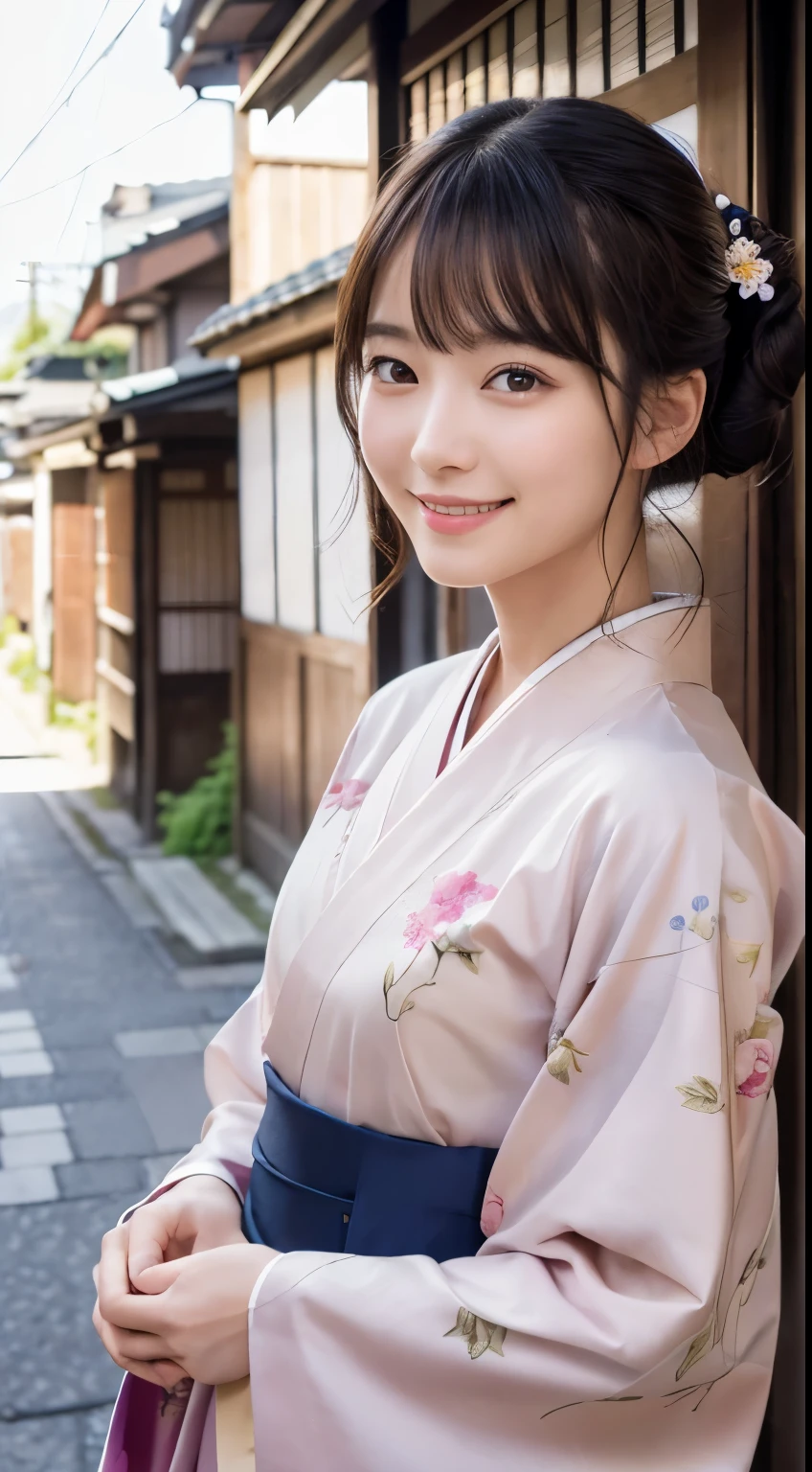 Professional Lighting,(Photorealistic:1.4), (Top image quality:1.0), (超A high resolution:1.0), 8k, Raw photography, (masterpiece:0.2), (Facing the children_v1:0.5)、(最高quality Detail:1.2)、Realistic、8K Ultra HD、High resolution、(1 girl:1.2)、超detailedな、High quality textures、複雑なdetailed、detailed、Very detailed CG、High quality shadows、detailed 美しく繊細な顔、Beautiful details and a delicate eye、(Symmetrical eyes:1.2),Written boundary depth、Ray Tracing,1 girl, Japanese Girls, (Natural smile:1.4),cute, thin, Portrait of a beautiful Japanese woman in a kimono, Standing elegantly on a street corner in Kyoto. Kimono with vibrant traditional patterns, Hair decorated with elegant and delicate hairpins, Gentle expression. (With the old streets of Kyoto in the background:1.4)、The soft light of a spring afternoon、Adding tranquility to the scene. Rendered in a Realistic style with great attention to detail, High resolutionの画像.Sky Porn, Magic Hour, (Realistic:1.3), finely, quality, (Tabletop:1.2), (Realistic:1.2), (最高quality), (複雑なdetailed), dramatic, Ray Tracing, photograph, +roller