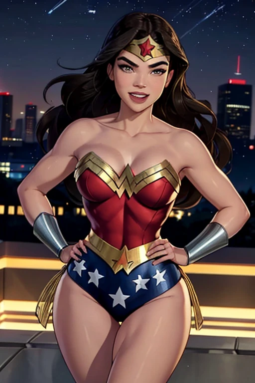 Natural Beauty, Masterpiece, Hailee Steinfeld, Perfectly Accurate Face Proportion, Thick Eyebrows, Wonder Woman, Wonder Woman Tiara, Big Breast, Curve Wide Hips, Toned Thighs, Toned Arms, on a rooftop looking over the night city, Grin On Her Face, Hands on her hips