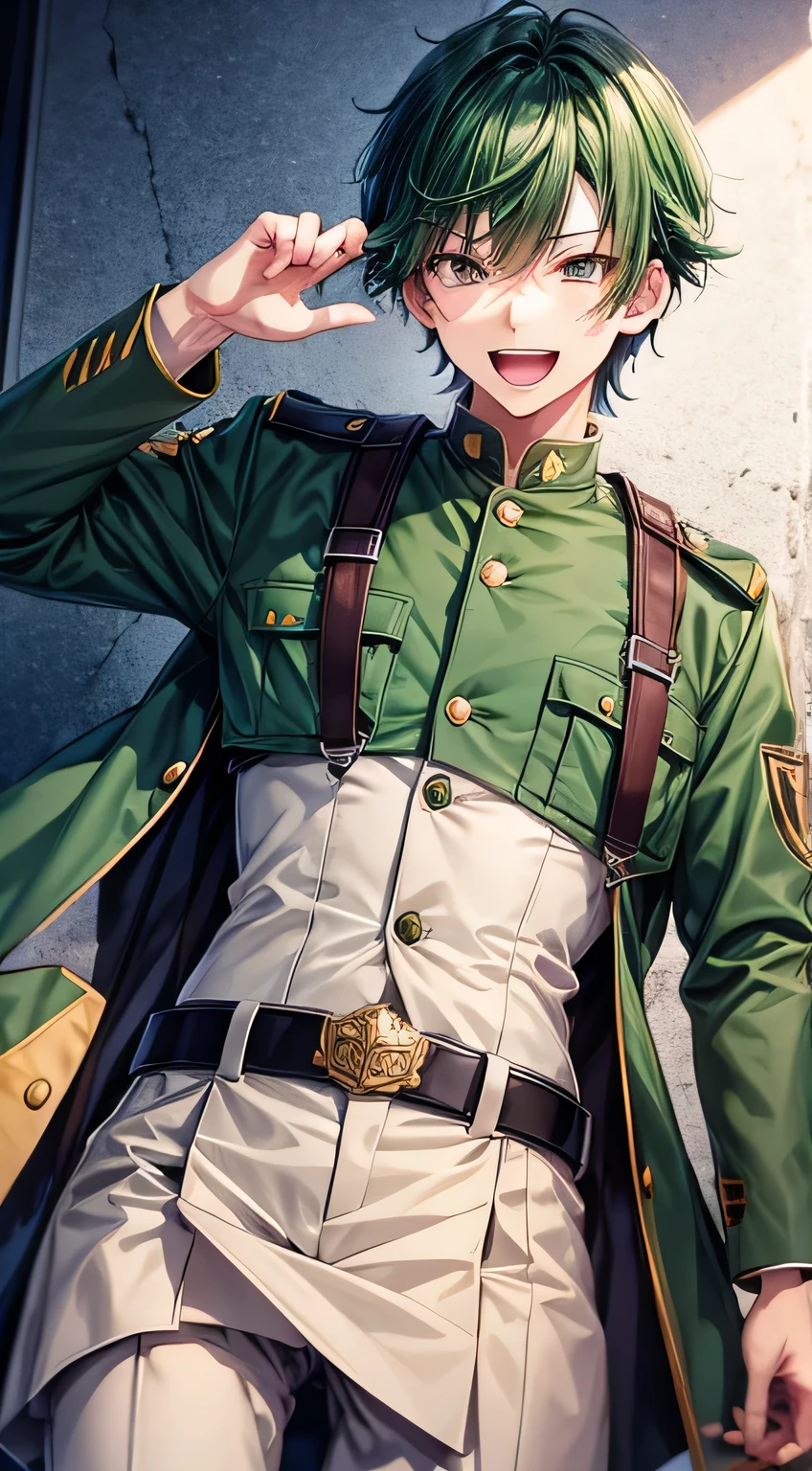 Anime style boy with laughing expression、Green military uniform、cool、Navy Hair