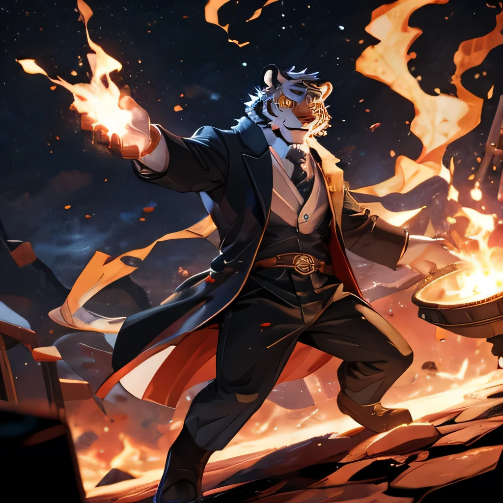 Furry tiger conjuring magic in moving action pose jumping in stylish way, serious and murderous expression, anatomicamente correto