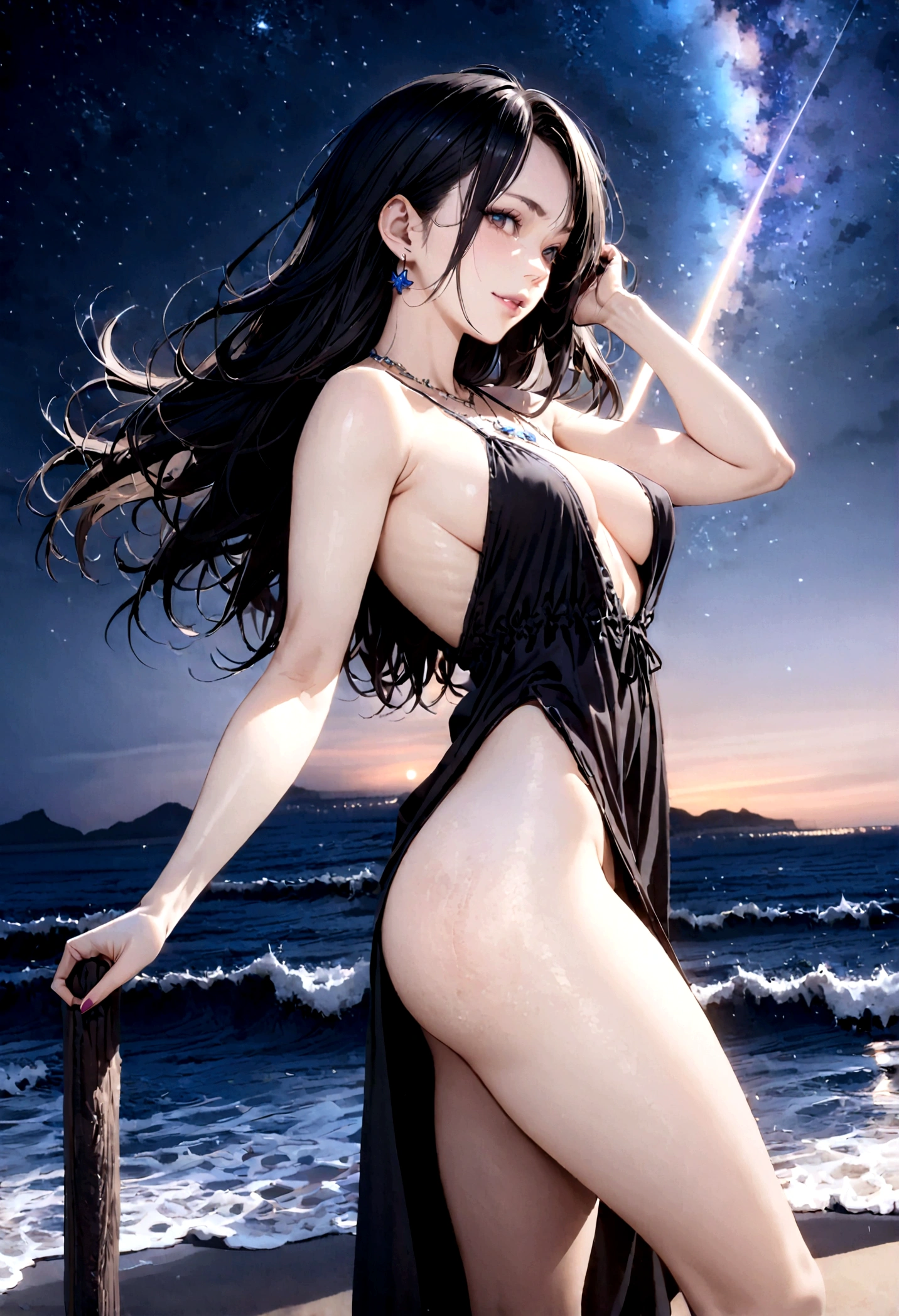 8k, masterpiece, RAW Photos, highest quality, Realistic, Very detailed, Depth of written boundary, Cinematic Light, Anatomically correct body,
One beautiful 40 year old woman, (Very beautiful face:1.3), (Exquisitely detailed face:1.3), (A seductive face:1.2), (Very delicate skin texture:1.3), Transparent muscle, Shiny white skin, Glamorous Body,
(Wavy black long hair:1.2), (Sexy Breasts:1.1), (Sexy ass:1.1),
(Summer Beach Dress:1.4), (Detailed cloth texture:1.2), (Gorgeous necklace:1.1), (Gorgeous earrings:1.1),
(Dark starry background:1.4), (Milky Way:1.1), (milky way:1.1), (shooting star:1.1), (Dark coastline at night:1.4), (Pitch black sea surface:1.4),
(Standing on the beach:1.2),