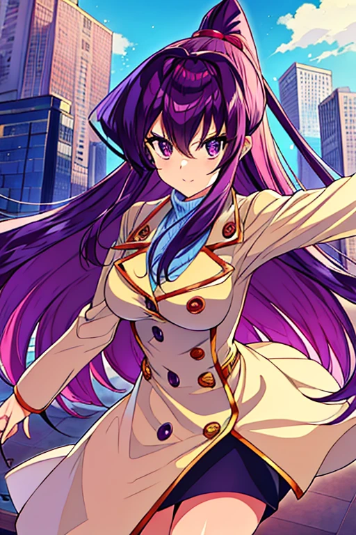 Yu-Gi-Oh、JK、G-Cup、Purple Hair、Long Straight Hair、Height 166cm、Inner knit、White knit、Beige coat、trench coat、medium shot