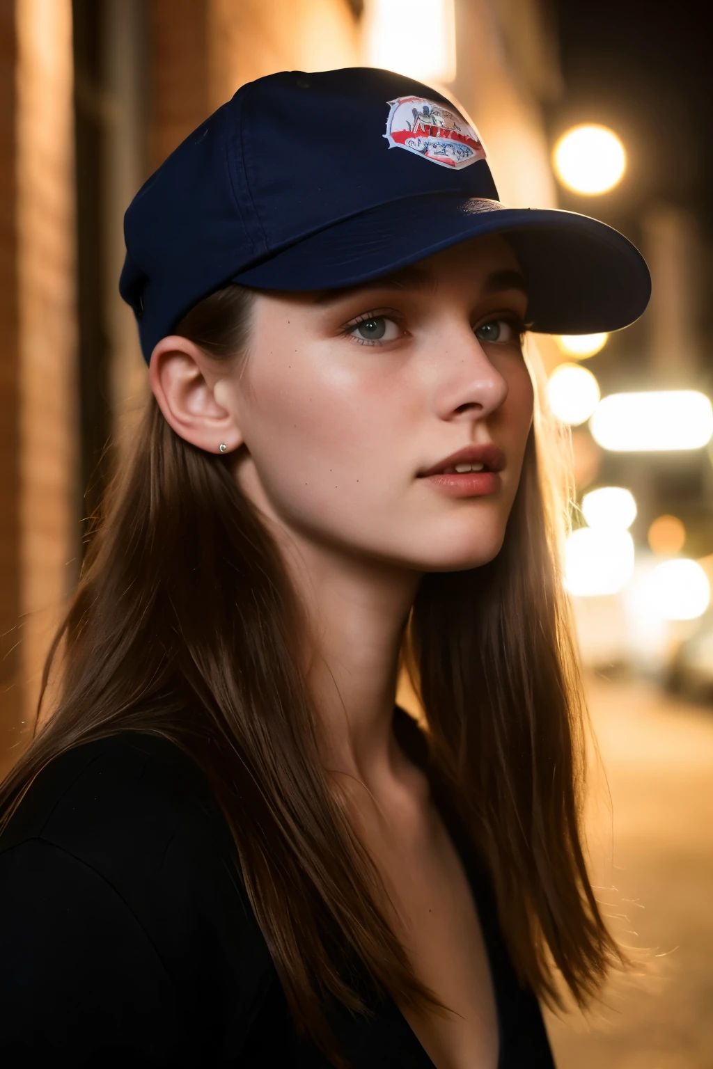 Australian model girl, (20 years old), in the alley, moon light, skinny, cap, (from below view), blushing expression, (face and skin details), (masterpiece, best quality, highly detailed, hyper realistic)