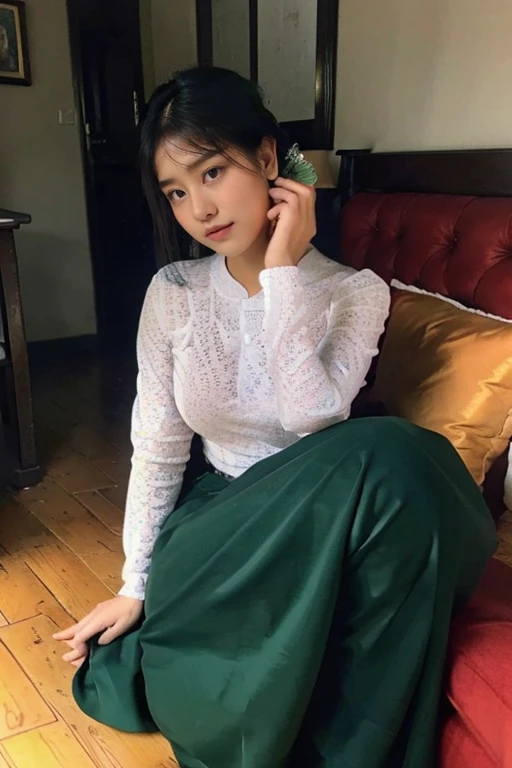 beautiful detailed eyes, beautiful detailed lips, extremely detailed eyes and face, long eyelashes, 1 girl, hourglass figure, long black hair in a bun, delicate facial features, big brown eyes, small lips, white Burmese style blouse with long sleeves, long dark green skirt, traditional Burmese sandals, TikTok style pose, best quality, 4k, 8k, highres, masterpiece, ultra-detailed, realistic, photorealistic, photo-realistic, highly detailed face and body, intricate clothing textures, cinematic lighting, dramatic composition, vibrant colors, elegant, refined, adult toy
