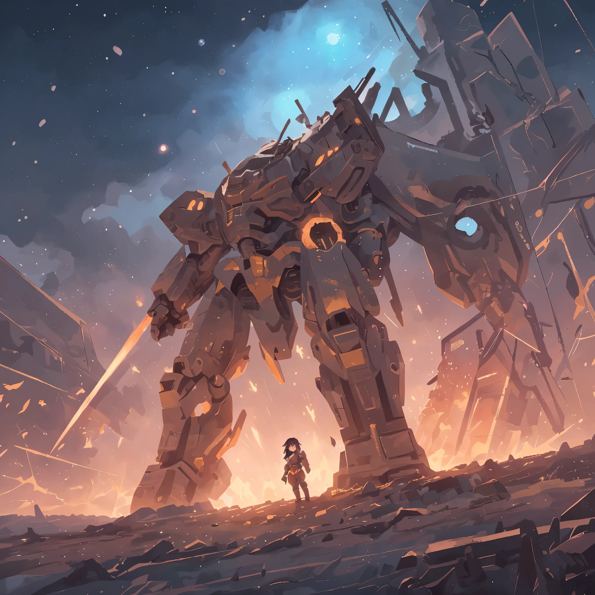 one black hair anime girl in stand under giant robot, guweiz, masterpiece, best quality, Heavy Armor, Broken frame, Space Background, Starry Sky, Fall, Alien Planet, explode, ruins