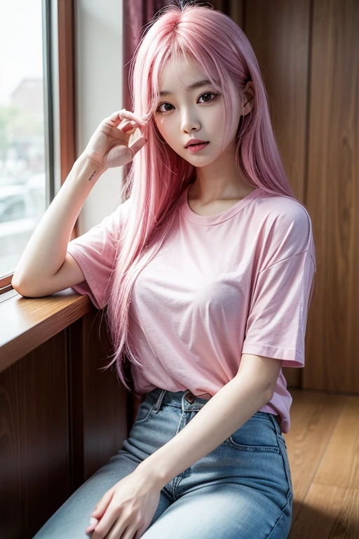 Araffed asian girl, long flowing wispy pink hair, pink shirt, pink beautiful young woman, gorgeous korean girl, pink shirt, pink jeans