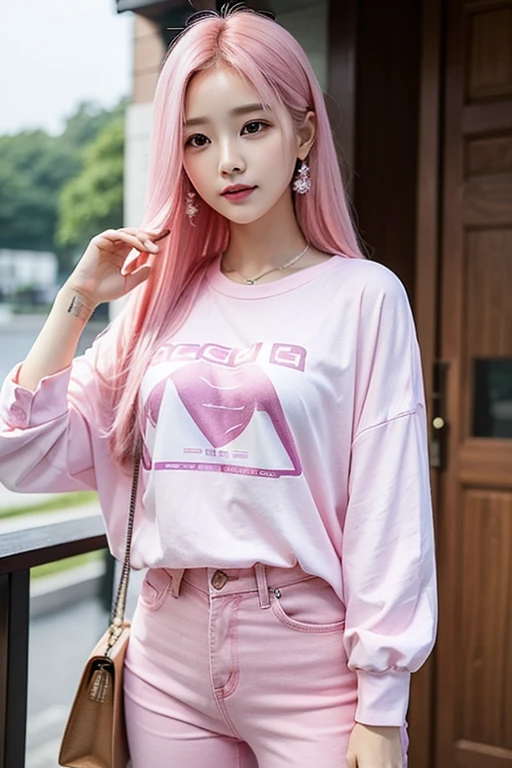 Araffed asian girl, long flowing wispy pink hair, pink shirt, pink beautiful young woman, gorgeous korean girl, pink shirt, pink jeans