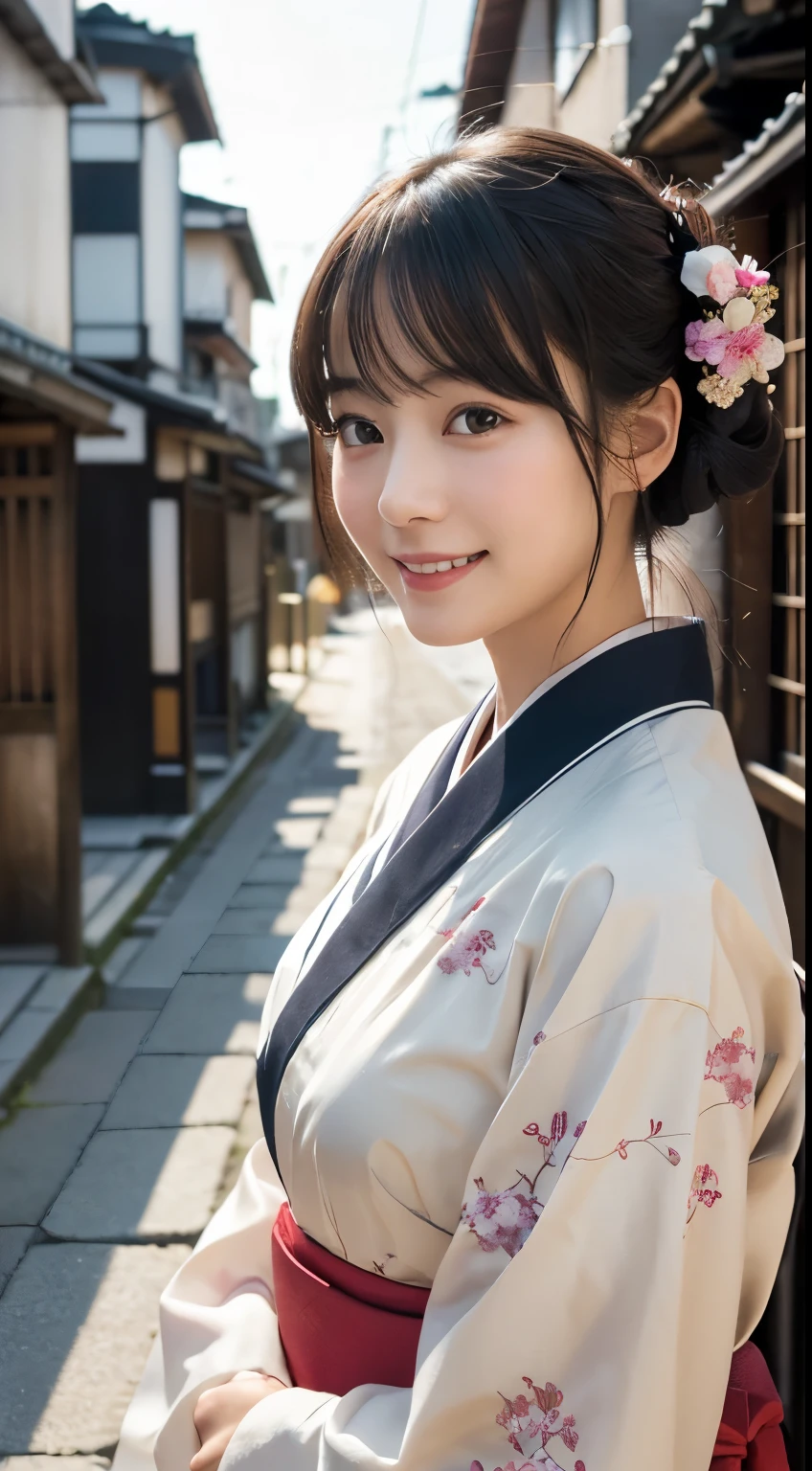 Professional Lighting,(Photorealistic:1.4), (Top image quality:1.0), (超A high resolution:1.0), 8k, Raw photography, (masterpiece:0.2), (Facing the children_v1:0.5)、(最高quality Detail:1.2)、Realistic、8K Ultra HD、High resolution、(1 girl:1.2)、超detailedな、High quality textures、複雑なdetailed、detailed、Very detailed CG、High quality shadows、detailed 美しく繊細な顔、Beautiful details and a delicate eye、(Symmetrical eyes:1.2),Written boundary depth、Ray Tracing,1 girl, Japanese Girls, (Natural smile:1.4),cute, thin, Portrait of a beautiful Japanese woman in a kimono, Standing elegantly on a street corner in Kyoto. Kimono with vibrant traditional patterns, Hair decorated with elegant and delicate hairpins, Gentle expression. (With the old streets of Kyoto in the background:1.4)、The soft light of a spring afternoon、Adding tranquility to the scene. Rendered in a Realistic style with great attention to detail, High resolutionの画像.Sky ????, Magic Hour, (Realistic:1.3), finely, quality, (Tabletop:1.2), (Realistic:1.2), (最高quality), (複雑なdetailed), dramatic, Ray Tracing, photograph, +roller