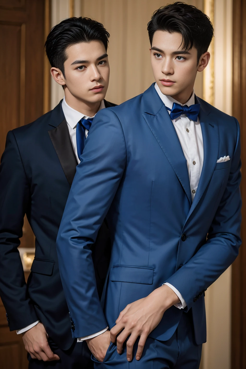 ((masterpiece)),((best quality)),8K,High Detail,Very detailed, very manly,2 men, love,Fashion pose, Real skin texture, light,
Royal blue style couple