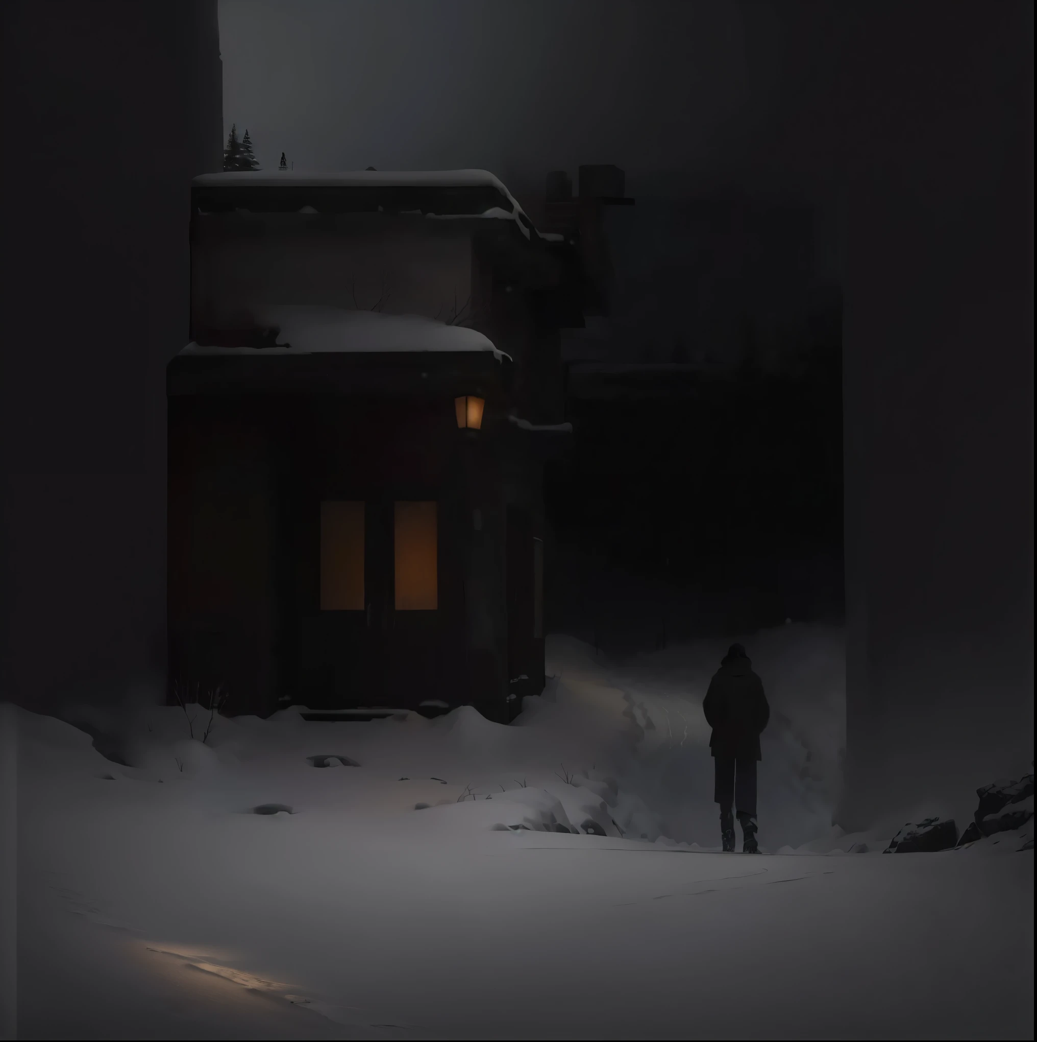 a  figure walking down a snowy path, heavy snow falling in a dark and gloomy environment, desolate winter landscape, cinematic lighting, dramatic atmosphere, muted colors, intricate snow details, high quality, photorealistic, 8k, masterpiece, concept art