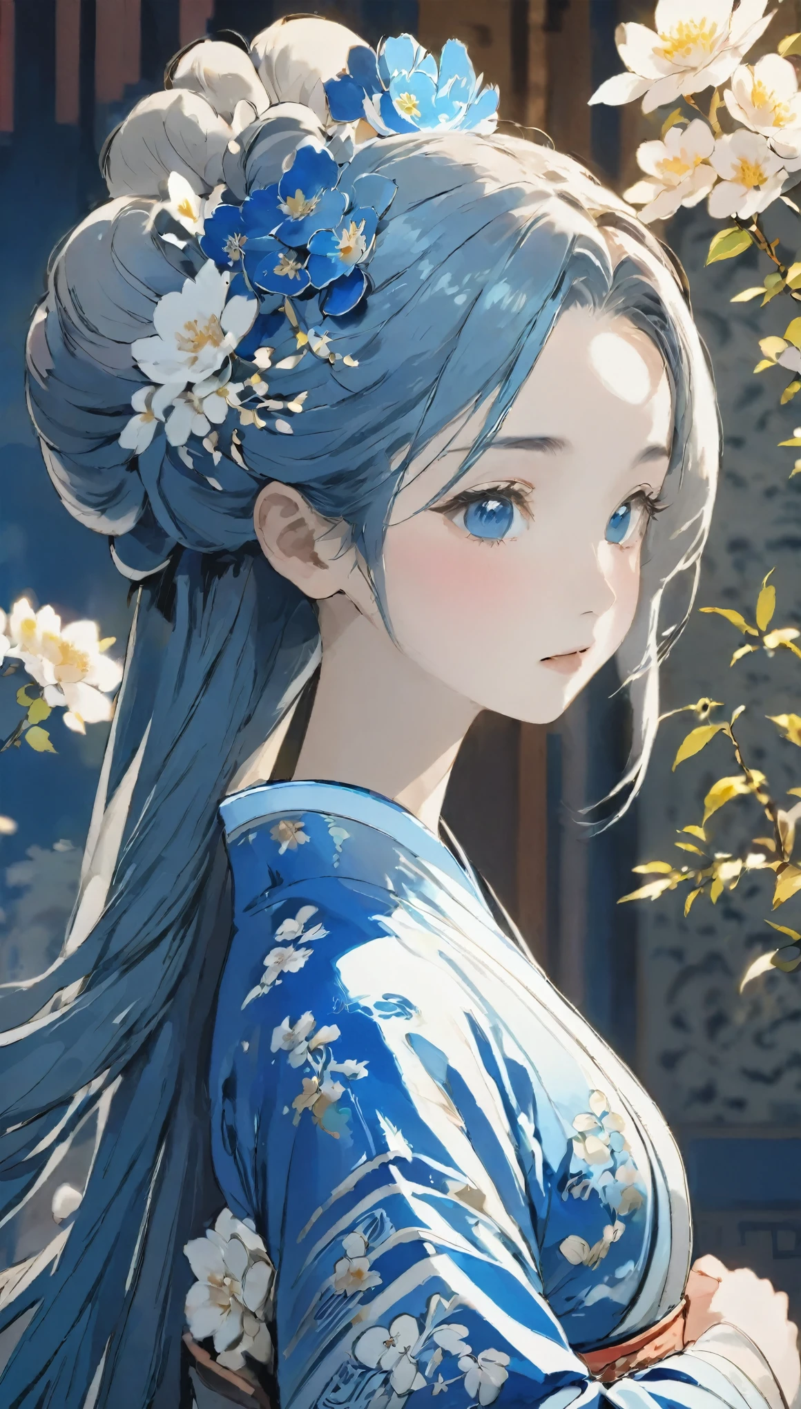picture,Blue and white dress,Woman with flowers in her hair,Blue and white porcelain style,Hanfu girl,chinese art style,美しいキャラクターのpicture,中国picture画のスタイル,It has a Chinese aesthetic.,Chinese style,Beautiful artwork illustration,traditional chinese art,Oriental art style,Blue and White Porcelain Exhibition,Beautiful anime portrait character composition in the bottom left corner,The upper right corner is decorated with a blue and white porcelain background,(Loss of focus,Out of focus,Soft Lighting,Light,Skylight,Hyper HD)