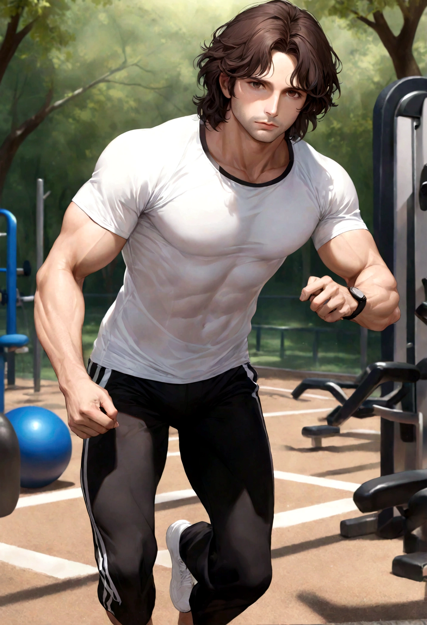 (ropa deportivo para hombre), ), (con barba rasurada,) (ojos color cafe claro), Aspecto atractivo y serio, Dark brown hair, ropa para hacer ejercicio, Un hombre similar al actor Jim Morrison, (Imagen realista y de alta calidad), fondo en el parque, zona para hacer ejercicio, gym, ((La mejor calidad, 8K, obra maestra).((dynamic pose))