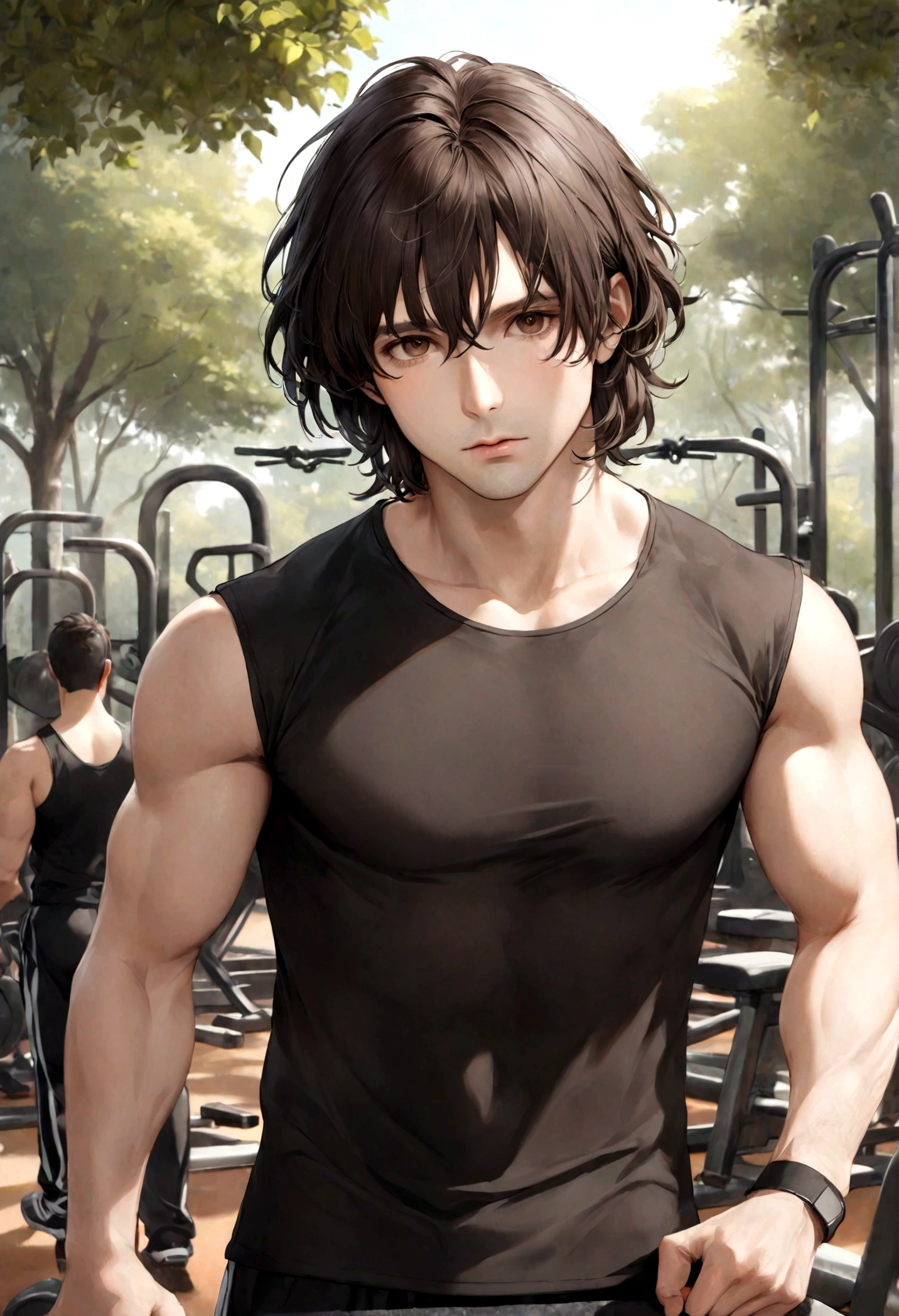 (ropa deportivo para hombre), ), (con barba rasurada,) (ojos color cafe claro), Aspecto atractivo y serio, Dark brown hair, ropa para hacer ejercicio, Un hombre similar al actor Jim Morrison, (Imagen realista y de alta calidad), fondo en el parque, zona para hacer ejercicio, gym,  ((La mejor calidad, 8K, obra maestra).((dynamic pose))