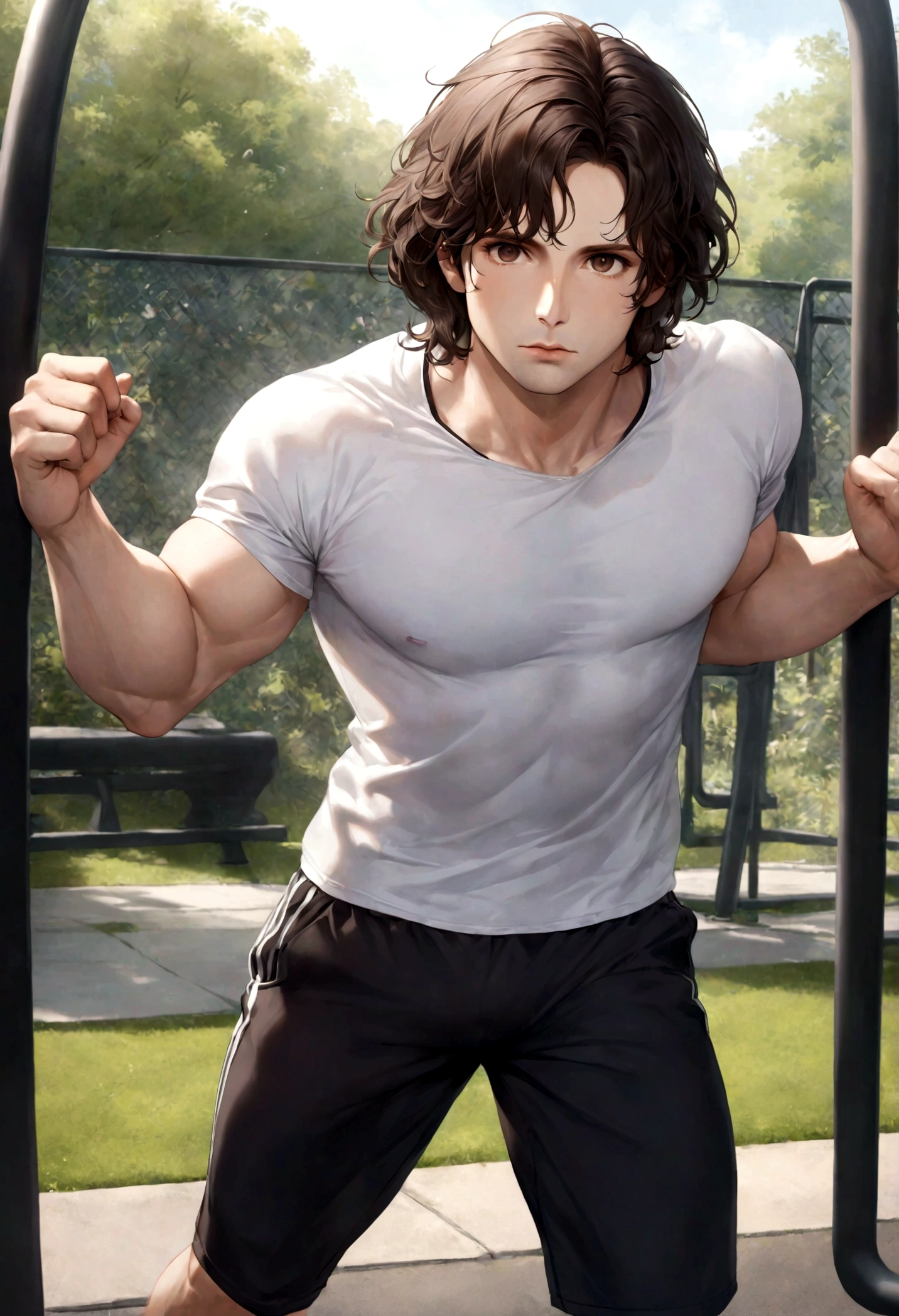 (ropa deportivo para hombre), ), (con barba rasurada,) (ojos color cafe claro), Aspecto atractivo y serio, Dark brown hair, ropa para hacer ejercicio, Un hombre similar al actor Jim Morrison, (Imagen realista y de alta calidad), fondo en el parque, zona para hacer ejercicio, gym, ((La mejor calidad, 8K, obra maestra).((dynamic pose))
