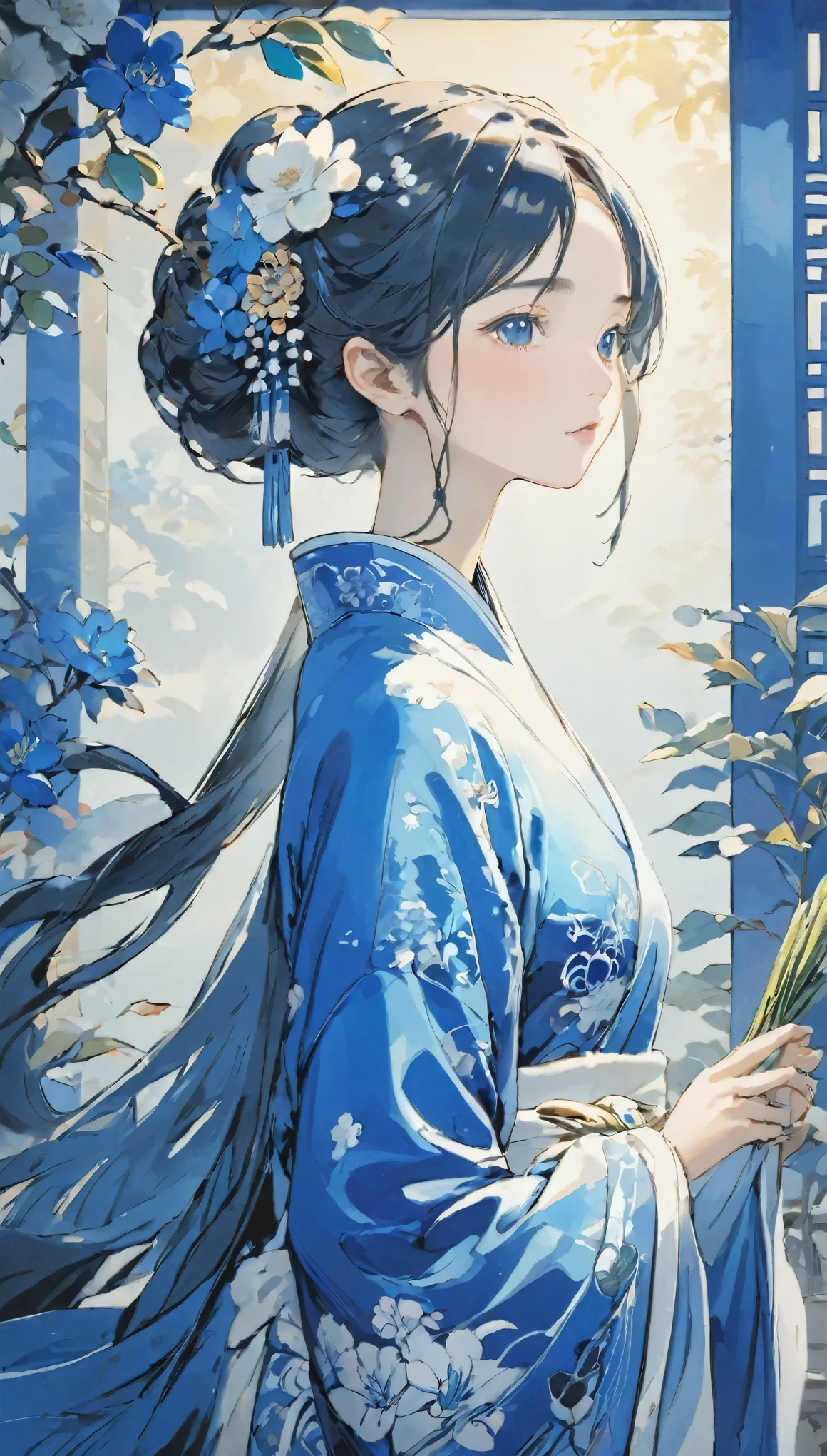 picture，Blue and white dress，Woman with flowers in her hair，Blue and white porcelain style，Hanfu girl，chinese art style，美しいキャラクターのpicture，中国picture画のスタイル，It has a Chinese aesthetic.，Chinese style，Beautiful artwork illustration，traditional chinese art，Oriental art style，Blue and White Porcelain Exhibition，Beautiful anime portrait character composition in the bottom left corner，The upper right corner is decorated with a blue and white porcelain background，（Loss of focus，Out of focus，Soft Lighting，Light，Skylight，Hyper HD）