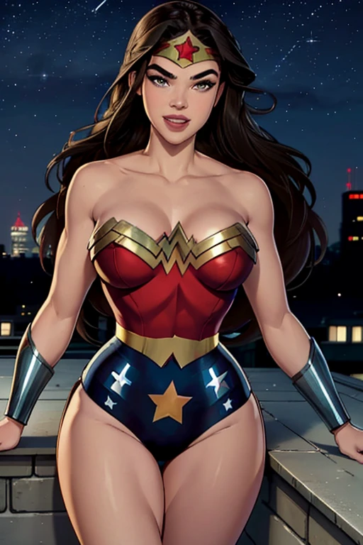 Natural Beauty, Masterpiece, Hailee Steinfeld, Perfectly Accurate Face Proportion, Thick Eyebrows, Wonder Woman, Wonder Woman Tiara, Big Breast, Curve Wide Hips, Toned Thighs, Toned Arms, on a rooftop looking over the night city, Grin On Her Face, Realistic Art Style