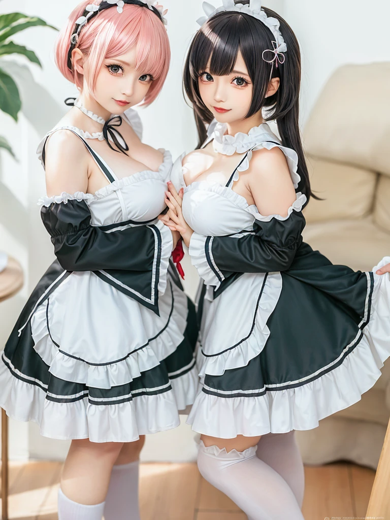 Accurate depiction with high resolution,(8K, Photorealistic, Raw photo, of the highest quality: 1.3), (1girl in), Super beautiful, (Realistic face), (boyish, pink Color Berry Shorthair), Beautiful , Glare that captivates the viewer, Beautiful expression, Beautiful , (Realistic skin), Be...Create a detailed and colorful image of Ram and Rem from Re:Zero, standing back-to-back in their maid outfits, with a magical fantasy background、14years old, two girls,cute, perfect face, beautiful, nice body, gothic lolita clothes, gothic lolita fashion, frilly skirt, headdress, necklace, bracelet, knee-high socks, boots, double eyelids, tear bags, Detailed down to the fingers, photo-like description, indoors, dim indoor lighting, one girl is pink hair and short bob, another girl is light blue hair and short bob,standing,whole body, composition that shows the whole body, smiling,The Both of them are wearing the same type of maid outfit,Optimal ratio of 4 fingers and 1 thumb,walking