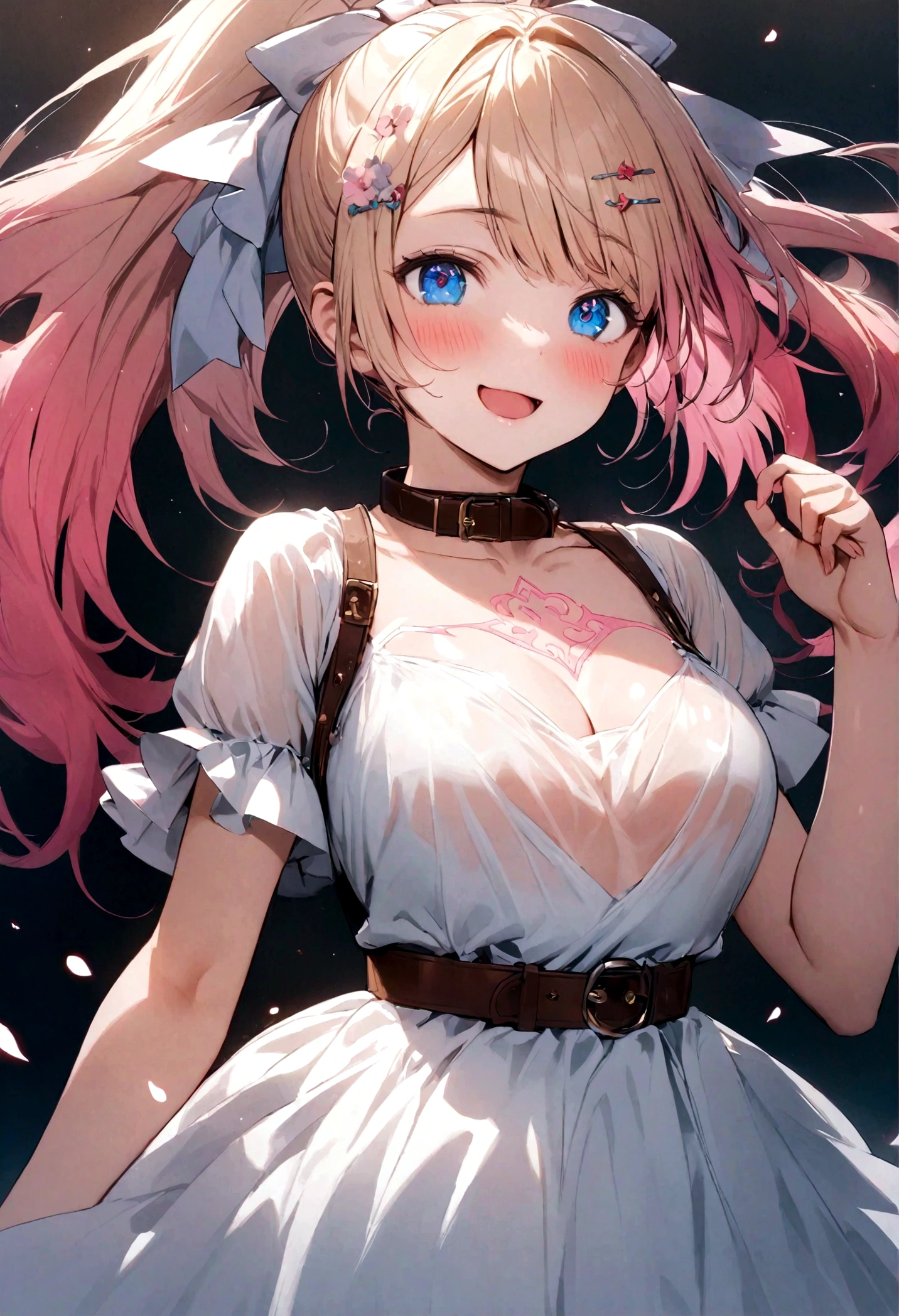 ponytail、Shiny Blonde、Three flower-shaped hairpins on the left sideburn、Slightly desaturated blue eyes、Droopy eyes、Shining Eyes、The eye sockets are paw-shaped、Eyes are dark blue、smile、Open your mouth、Wearing a dress、Brown belt under the chest、masterpiece, highest quality, Official Art, Very detailed, Absurd, 8K resolution, , change, alone, 明るいsmile, Transparent clothes, White clothes、A small pink tattoo in the shape of a heart on the left cheek、Fine grain、ragged bangs、Pink hair、Blush and redness、Gradient hair、Ample Bust、Perfect Face、Big hair ribbon、Short sleeve、Ruffled sleeves、collar、Ribbon on chest