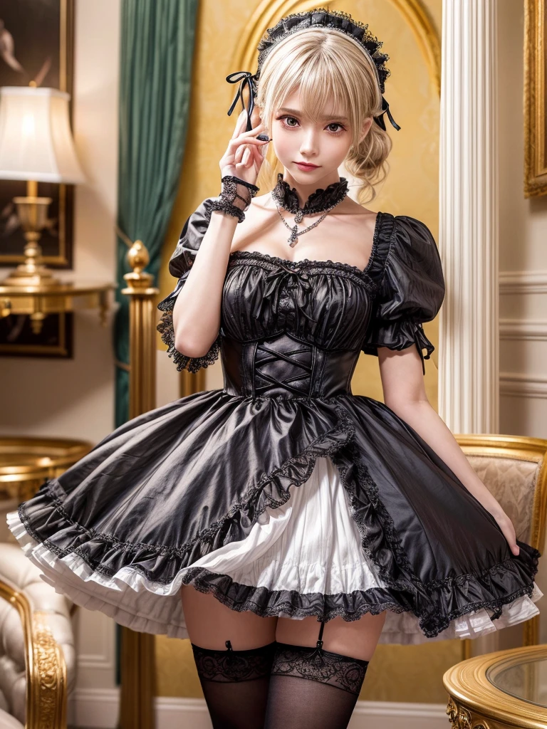 (8K, Photorealistic, Raw photo, of the highest quality: 1.3), (1girl in), Super beautiful, (Realistic face), (boyish, Silver Color Berry Shorthair), Beautiful , Glare that captivates the viewer, Beautiful expression, Beautiful breasts, (Realistic skin), Be...Super high quality, super high definition, super detailed, masterpiece, 20years old, female, cute, perfect face, beautiful, nice body, gothic ta clothes, gothic loliashion, frilly skirt, headdress, necklace, bracelet, knee-high socks, boots, double eyelids, tear bags, Detailed down to the fingers, photo-like description, indoors, dim indoor lighting, blonde hair, pony tail, standing, whole body, composition that shows the whole body, smiling