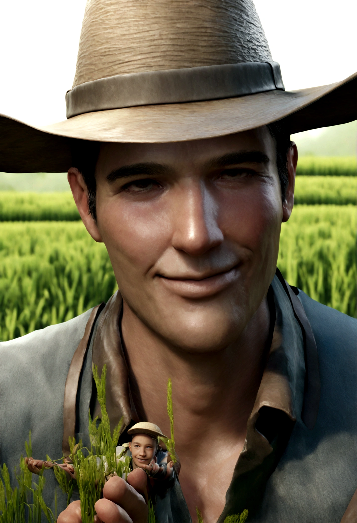 caricature of a male farmer, handsome and friendly, green rice fields background, wearing a farmer's hat that"Klinik Tani Ternak", smiling while showing plants, 3d, realistic, 4K