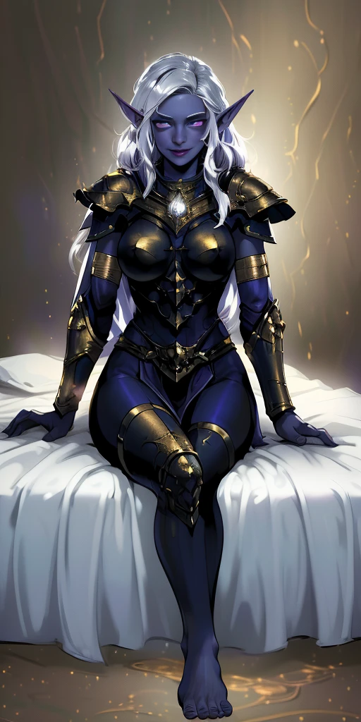 (1solofemale drow dark elf sleep on bed, bedroom background)(smile) Gray skin, pale golden hair and violet eyes. She prefer's clothing of white and silver with cloaks of deep blue or purple, huge_knockers ((very precise detailed)) ((high res) golden bracers (plain background) barefoot barehands, masterpiece, best quality, CG, wallpaper, HDR, high quality, high-definition, extremely detailed, drow, colored skin, dark elf, pointy ears, cape, armor, looking at viewer, 1girl, dimmed light, whitish eyes, long hair, chibi