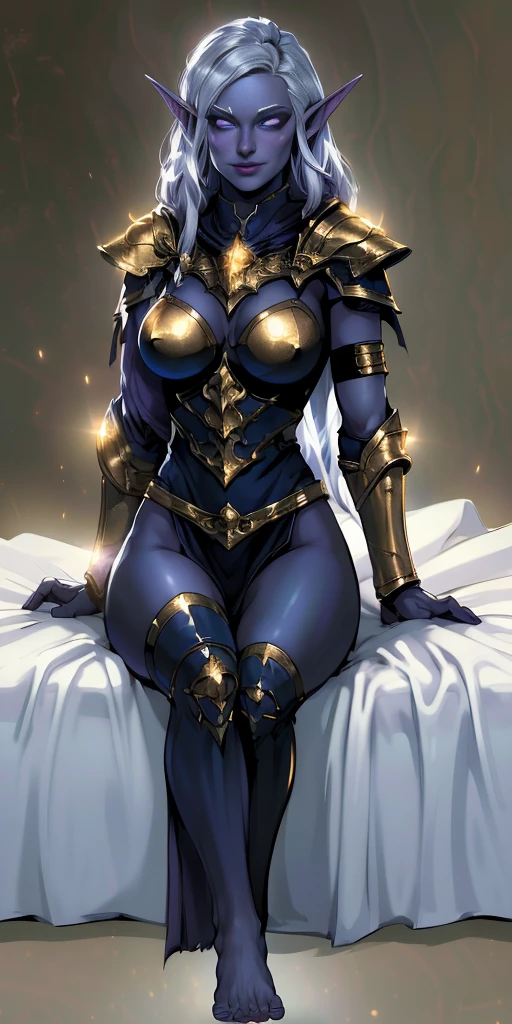 (1solofemale drow dark elf sleep on bed, bedroom background)(smile) Gray skin, pale golden hair and violet eyes. She prefer's clothing of white and silver with cloaks of deep blue or purple, huge_knockers ((very precise detailed)) ((high res) golden bracers (plain background) barefoot barehands, masterpiece, best quality, CG, wallpaper, HDR, high quality, high-definition, extremely detailed, drow, colored skin, dark elf, pointy ears, cape, armor, looking at viewer, 1girl, dimmed light, whitish eyes, long hair, chibi
