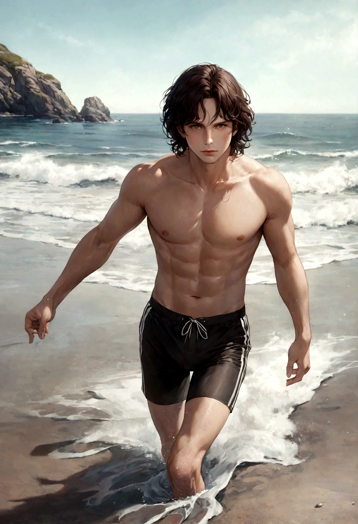 (swimwear for men), ), (con barba ,) (ojos color cafe claro), Aspecto atractivo y serio, Dark brown hair, swimming clothes, Un hombre similar al actor Jim Morrison, (Imagen realista y de alta calidad), fondo en la playa, se ve el mar, ((La mejor calidad, 8K, obra maestra).((dynamic pose))