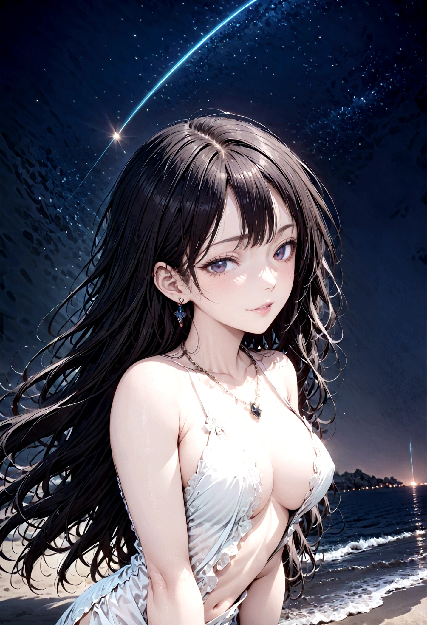 8k, masterpiece, RAW Photos, highest quality, Realistic, Very detailed, Depth of written boundary, Cinematic Light, Anatomically correct body,
One beautiful 40 year old woman, (Very beautiful face:1.3), (Exquisitely detailed face:1.3), (A seductive face:1.2), (Very delicate skin texture:1.3), Transparent muscle, Shiny white skin, Glamorous Body,
(Wavy black long hair:1.2), (Sexy Breasts:1.1), (Sexy ass:1.1),
(Summer Beach Dress:1.4), (Detailed cloth texture:1.2), (Gorgeous necklace:1.1), (Gorgeous earrings:1.1),
(Dark starry background:1.4), (Milky Way:1.1), (milky way:1.1), (shooting star:1.1), (Dark coastline at night:1.4), (Pitch black sea surface:1.4),
(Standing on the beach:1.2),