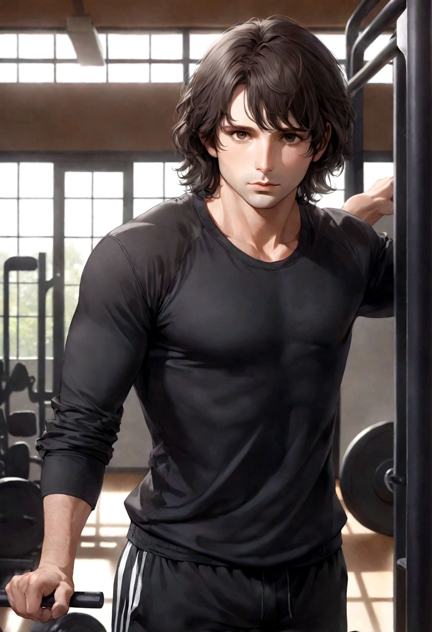 (ropa deportivo para hombre), ), (con barba rasurada,) (ojos color cafe claro), Aspecto atractivo y serio, cabello negro oscuro, ropa para hacer ejercicio, Un hombre similar al actor Jim Morrison, (Imagen realista y de alta calidad), fondo en el parque, zona para hacer ejercicio, gym, ((La mejor calidad, 8K, obra maestra).((dynamic pose))