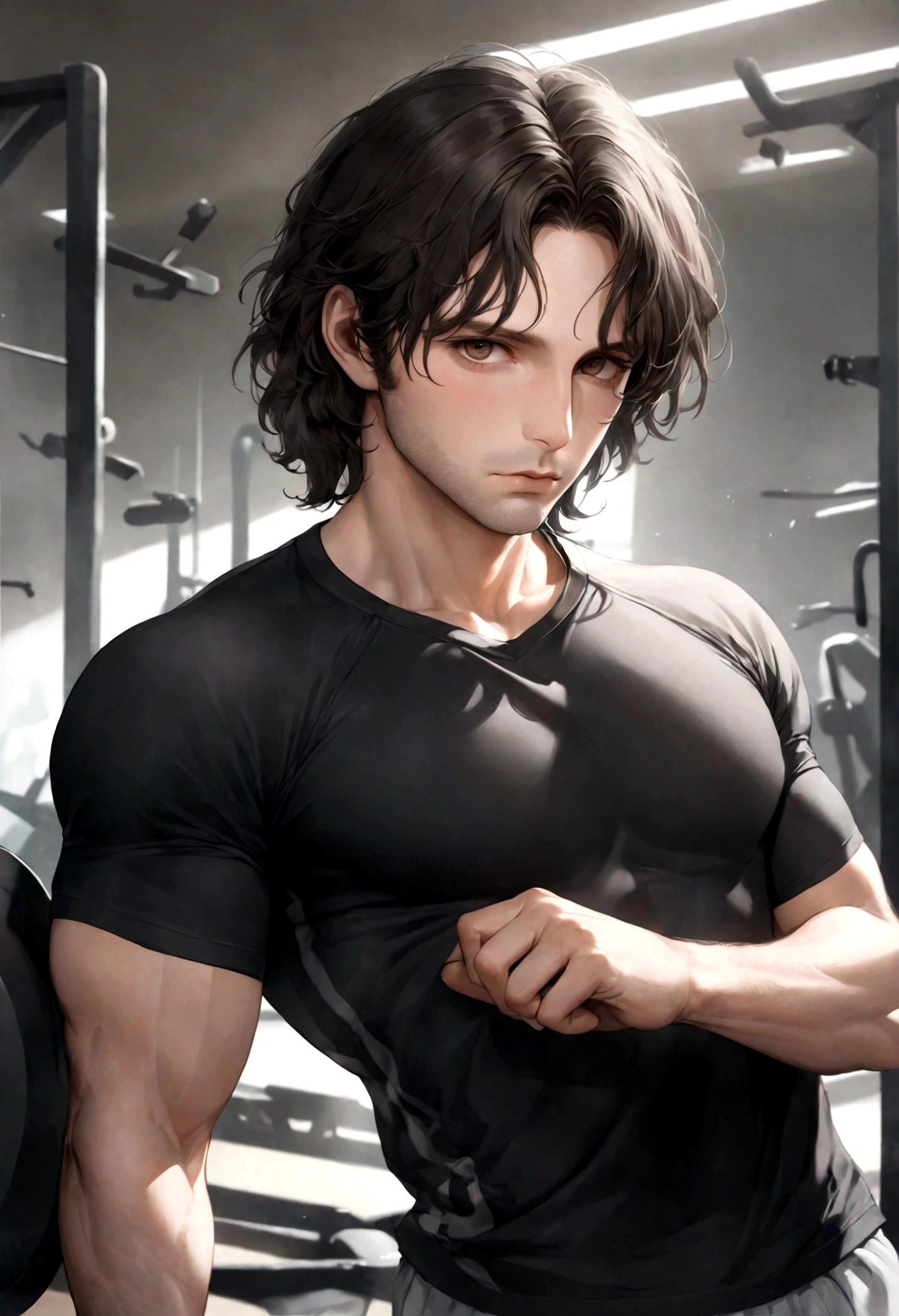 (ropa deportivo para hombre), ), (con barba rasurada,) (ojos color cafe claro), Aspecto atractivo y serio, cabello negro oscuro, ropa para hacer ejercicio, Un hombre similar al actor Jim Morrison, (Imagen realista y de alta calidad), fondo en el parque, zona para hacer ejercicio, gym, ((La mejor calidad, 8K, obra maestra).((dynamic pose))