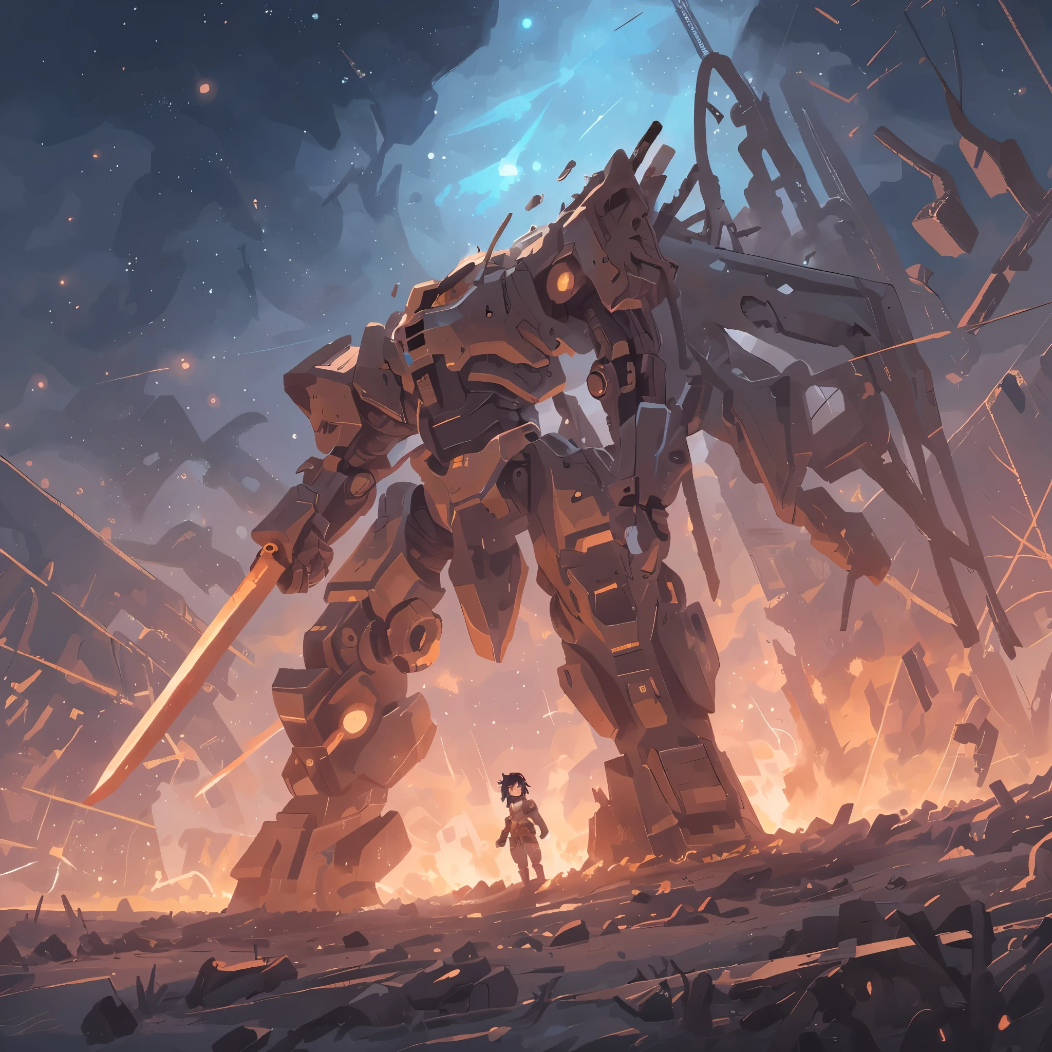 one black hair anime girl in stand under giant robot, guweiz, masterpiece, best quality, Heavy Armor, Broken frame, Space Background, Starry Sky, Fall, Alien Planet, explode, ruins,Broken mech