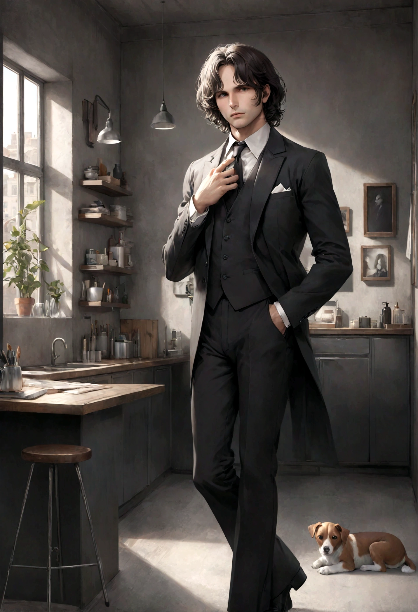 (traje de etiqueta para hombre), ), (con poca barba,) (ojos color cafe claro), Aspecto atractivo y serio, cabello oscuro, Elegante y con estilo, Un hombre similar al actor Jim Morrison, (Imagen realista y de alta calidad), Apartamento escandinavo en el fondo estilo estudio, ((La mejor calidad, 8K, obra maestra).((dynamic pose))