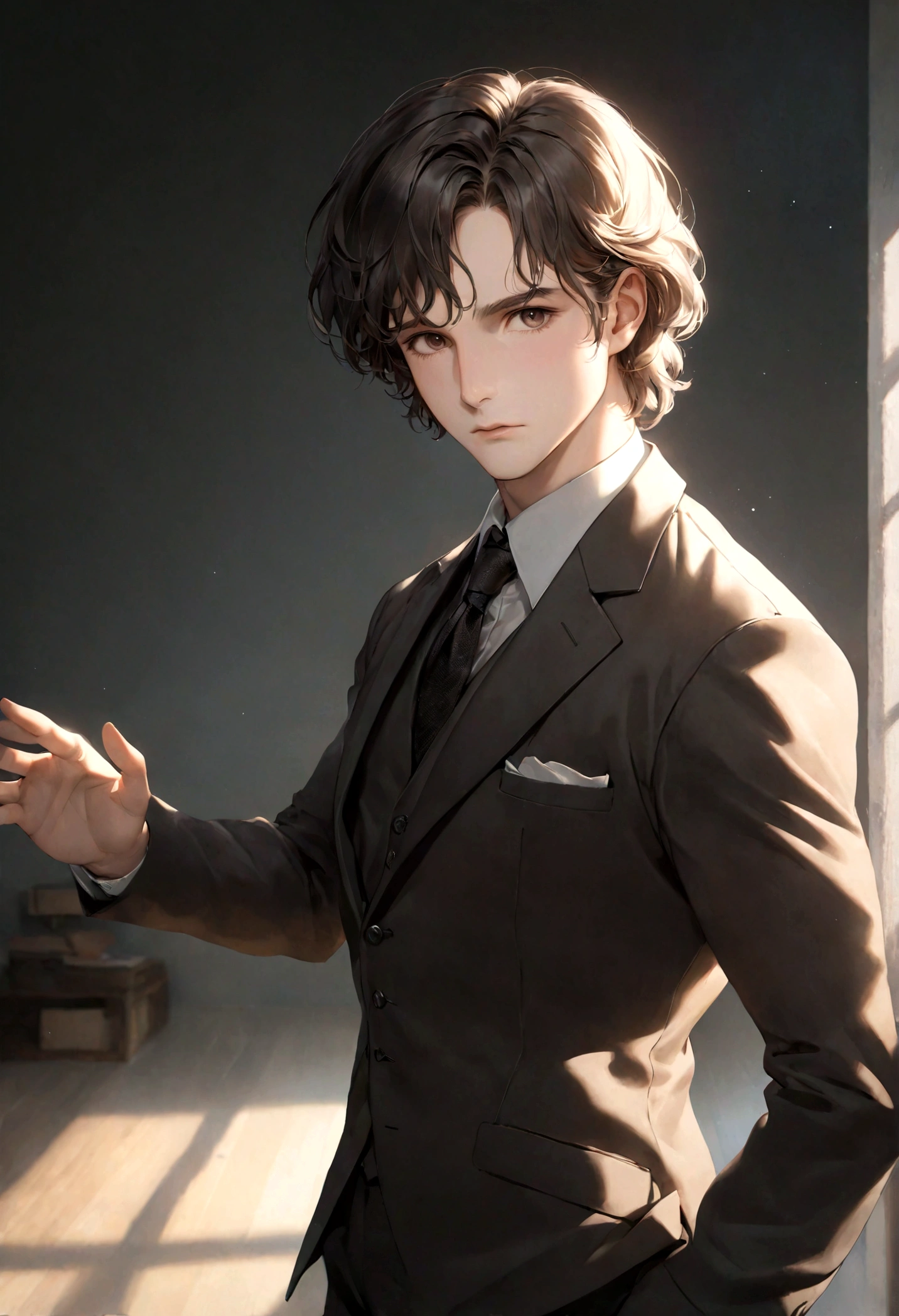 (traje de etiqueta para hombre), ), (con poca barba,) (ojos color cafe claro), Aspecto atractivo y serio, cabello oscuro, Elegante y con estilo, Un hombre similar al actor Jim Morrison, (Imagen realista y de alta calidad), Apartamento escandinavo en el fondo estilo estudio, ((La mejor calidad, 8K, obra maestra).((dynamic pose))