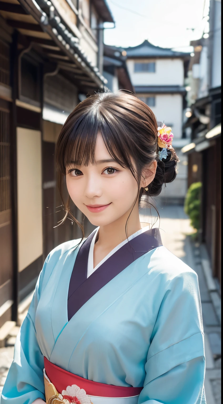Professional Lighting,(Photorealistic:1.4), (Top image quality:1.0), (超A high resolution:1.0), 8k, Raw photography, (masterpiece:0.2), (Facing the children_v1:0.5)、(最高quality Detail:1.2)、Realistic、8K Ultra HD、High resolution、(1 girl:1.2)、超detailedな、High quality textures、複雑なdetailed、detailed、Very detailed CG、High quality shadows、detailed 美しく繊細な顔、Beautiful details and a delicate eye、(Symmetrical eyes:1.2),Written boundary depth、Ray Tracing,1 girl, Japanese Girls, (Natural smile:1.4),cute, thin, Portrait of a beautiful Japanese woman in a kimono, Standing elegantly on a street corner in Kyoto. Kimono with vibrant traditional patterns, Hair decorated with elegant and delicate hairpins, Gentle expression. (With the old streets of Kyoto in the background:1.4)、The soft light of a spring afternoon、Adding tranquility to the scene. Rendered in a Realistic style with great attention to detail, High resolutionの画像.Sky Porn, Magic Hour, (Realistic:1.3), finely, quality, (Tabletop:1.2), (Realistic:1.2), (最高quality), (複雑なdetailed), dramatic, Ray Tracing, photograph, +roller