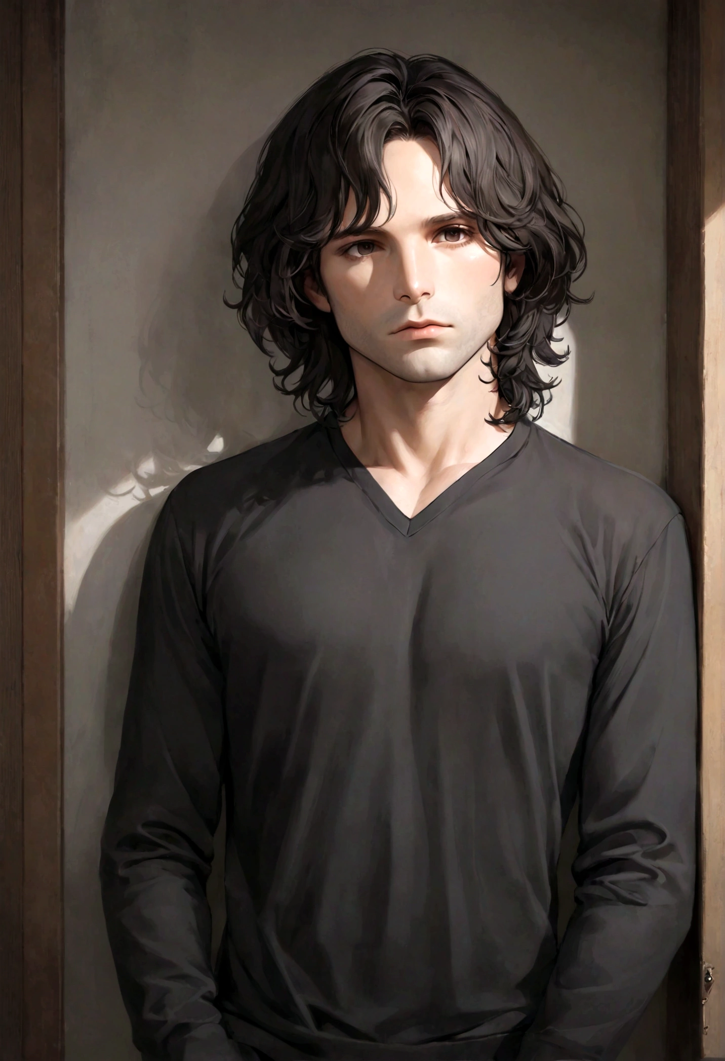 (traje de etiqueta para hombre), ), (con poca barba,) (ojos color cafe claro), Aspecto atractivo y serio, cabello oscuro, Elegante y con estilo, Camiseta de cuerpo fuerte afeitada, Un hombre similar al actor Jim Morrison, (Imagen realista y de alta calidad), Apartamento escandinavo en el fondo simple de un cuarto, ((La mejor calidad, 8K, obra maestra).((pose dinamica))
