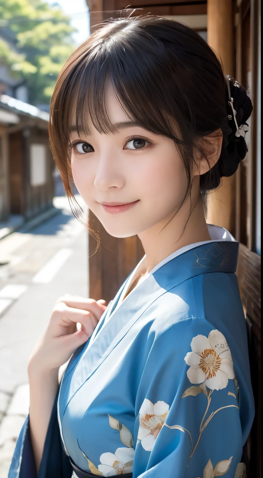 Professional Lighting,(Photorealistic:1.4), (Top image quality:1.0), (超A high resolution:1.0), 8k, Raw photography, (masterpiece:0.2), (Facing the children_v1:0.5)、(最高quality Detail:1.2)、Realistic、8K Ultra HD、High resolution、(1 girl:1.2)、超detailedな、High quality textures、複雑なdetailed、detailed、Very detailed CG、High quality shadows、detailed 美しく繊細な顔、Beautiful details and a delicate eye、(Symmetrical eyes:1.2),Written boundary depth、Ray Tracing,1 girl, Japanese Girls, (Natural smile:1.4),cute, thin, Portrait of a beautiful Japanese woman in a kimono, Standing elegantly on a street corner in Kyoto. Kimono with vibrant traditional patterns, Hair decorated with elegant and delicate hairpins, Gentle expression. (With the old streets of Kyoto in the background:1.4)、The soft light of a spring afternoon、Adding tranquility to the scene. Rendered in a Realistic style with great attention to detail, High resolutionの画像.Sky Porn, Magic Hour, (Realistic:1.3), finely, quality, (Tabletop:1.2), (Realistic:1.2), (最高quality), (複雑なdetailed), dramatic, Ray Tracing, photograph, +roller