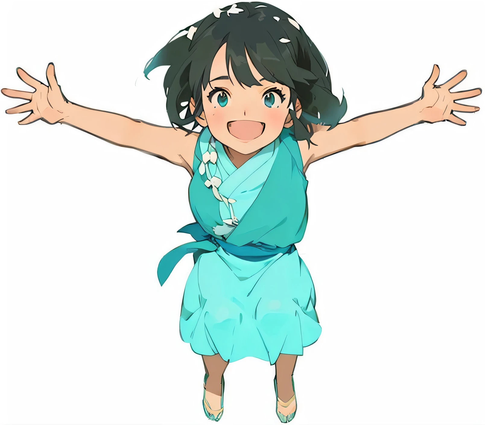 Cartoon girl in blue dress jumping with arms open, posture(raise arms + Happy), Blow blow, Healing these Misaki, Hosoda Mamoru, Spirited Away! Fujisaki, Shonen Jump, Official Art, Anime stills anime style, conrad roset and makoto shinkai, Ghibli animation style