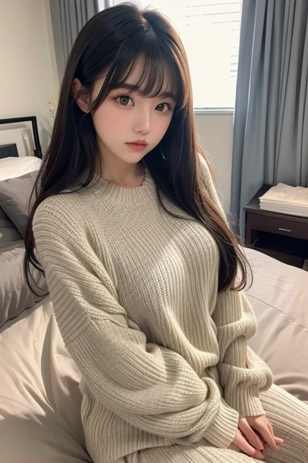 ・A girl with temperament・Delicate facial features・Bangs・Hair is very realistic・Wearing a long-sleeved black knit・The background is a bedroom・Du Qiong's exquisite makeup・Light red lips・Big eyes・Double eyelids・Bright eyes・Symmetrical face・Face is very realistic・The girl's face is carefully painted・Blush・Super high-quality・Looking at the audience・Very realistic skin・Sebum reflection・Artwork・Clothes with real fabric texture・Realistic painting・Cinema style・Photo-level・Ray tracing・Realistic light and shadow effects・Realism・Masterpiece・Like the photo effect above・8K highest picture quality is full
