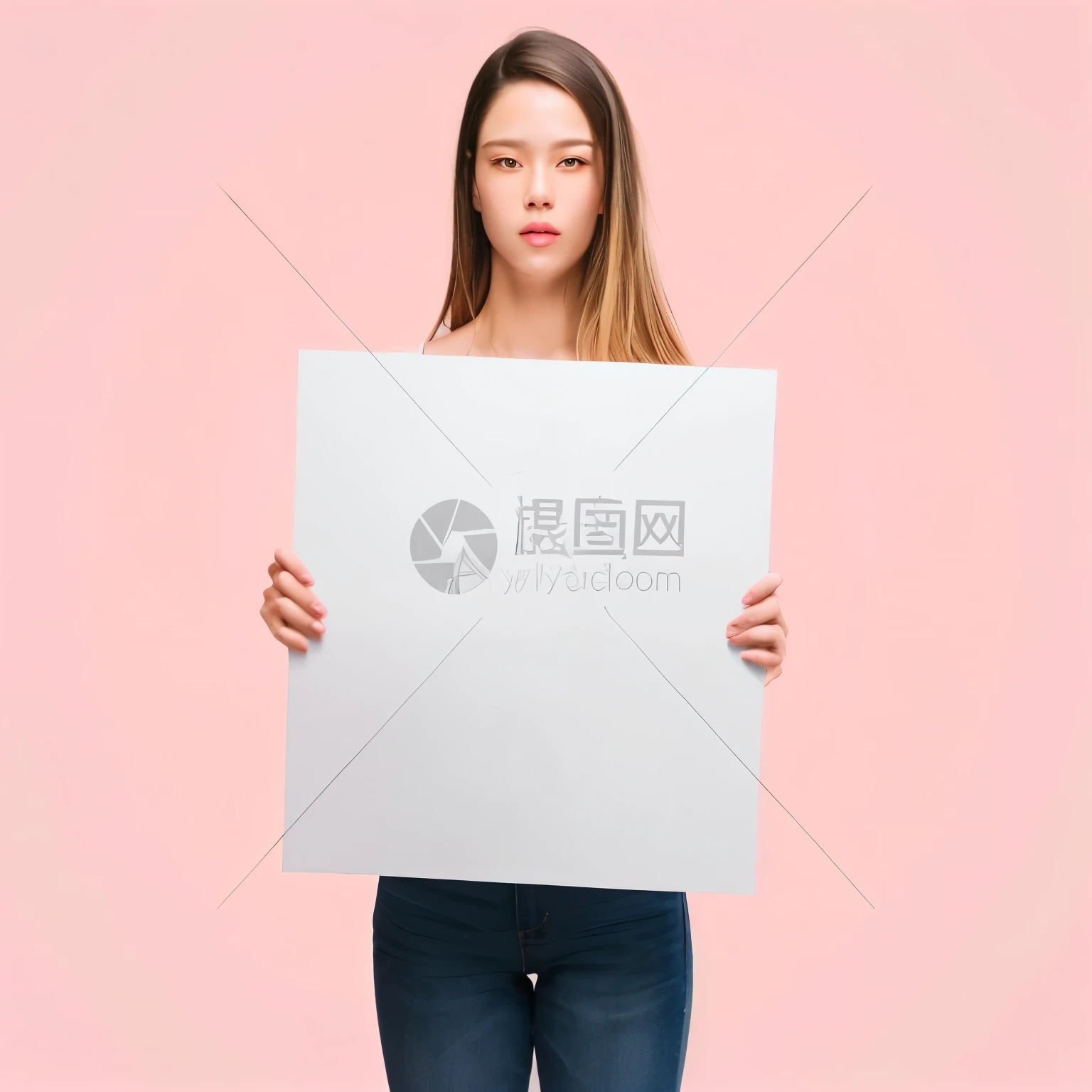 a woman holding a white sign with a chinese text on it, woman his holding a sign, woman holding sign, high quality stock picture, subject action : holding sign, subject action: holding sign, isolated white background, isolated background, full view blank background, she is facing the camera, solid background, photo of slim girl model, stock photography, without text