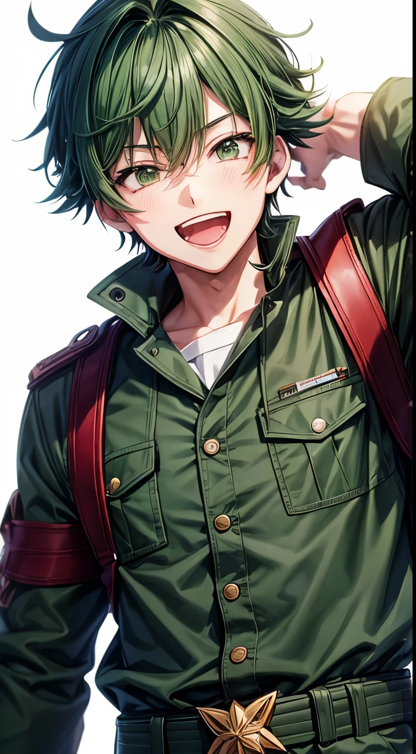 Anime style boy with laughing expression、Green military uniform、cool、Navy Hair、Keirei's Pose
